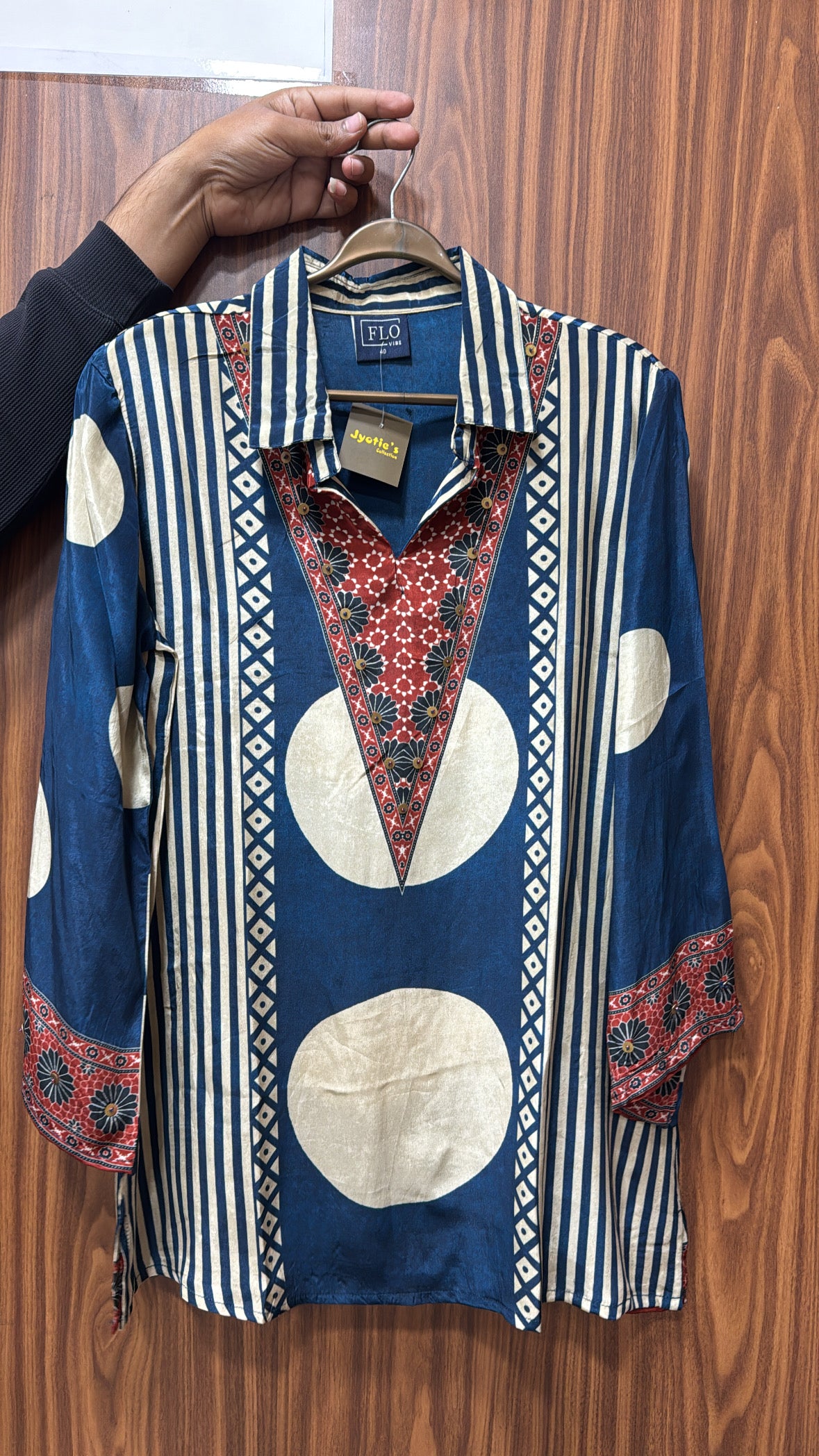 Blue Multi-Print Collared Tunic Shirt | Embroidered Pure Crepe Designer Wear