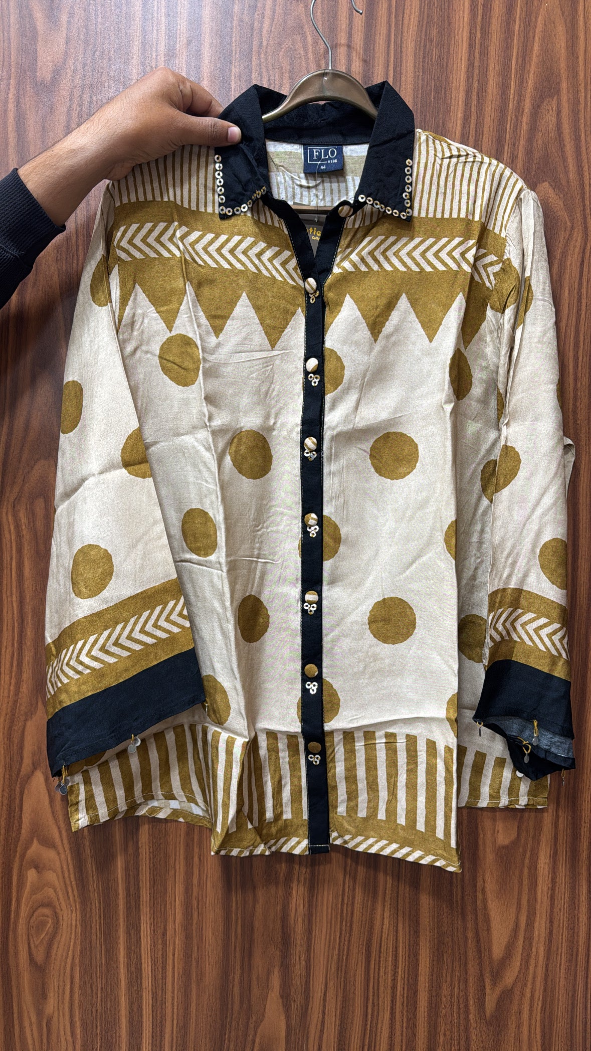 Mustard Multi-Print Collared Tunic Shirt | Embroidered Pure Crepe Designer Wear