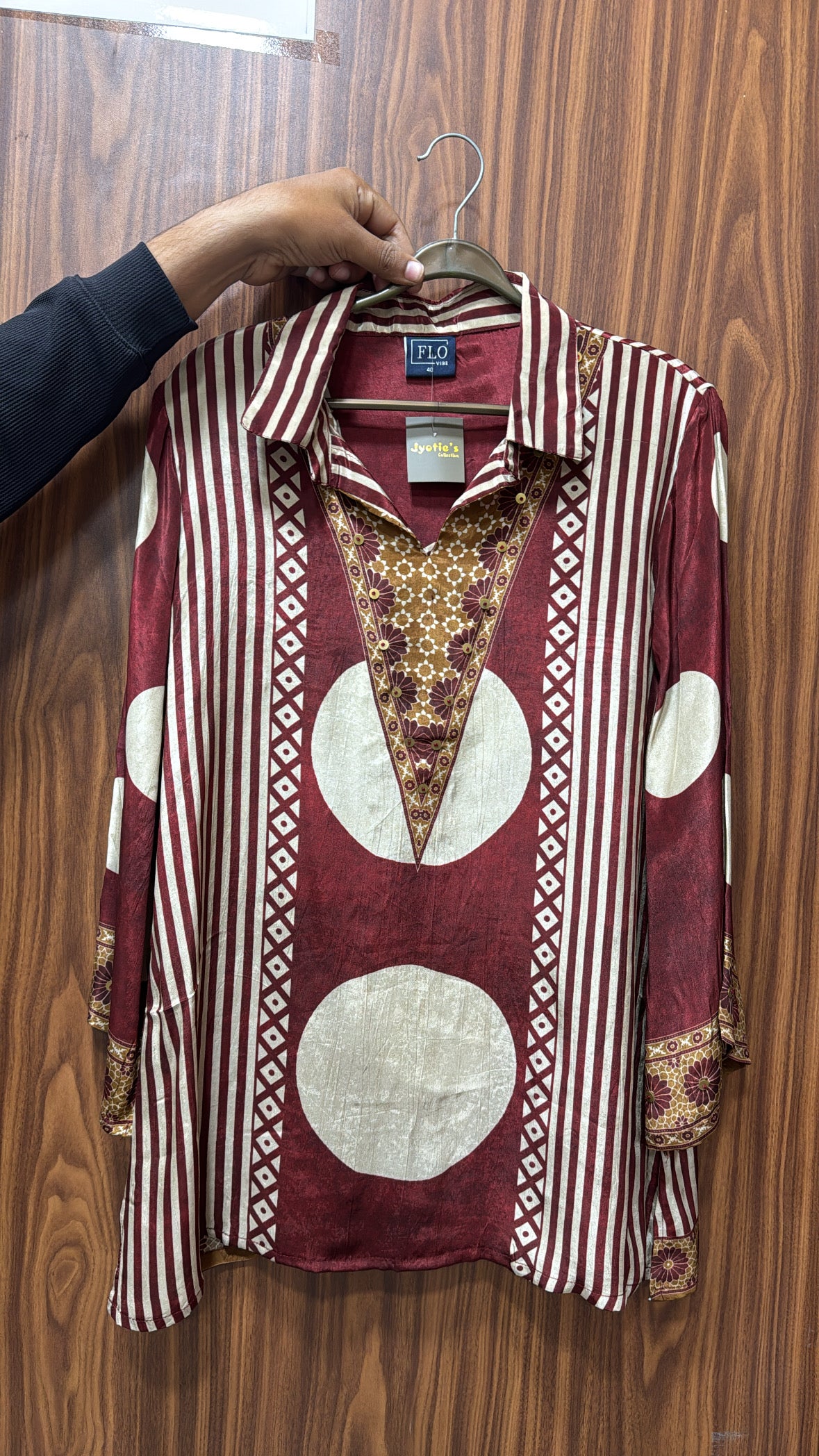 Maroon Multi-Print Collared Tunic Shirt | Embroidered Pure Crepe Designer Wear