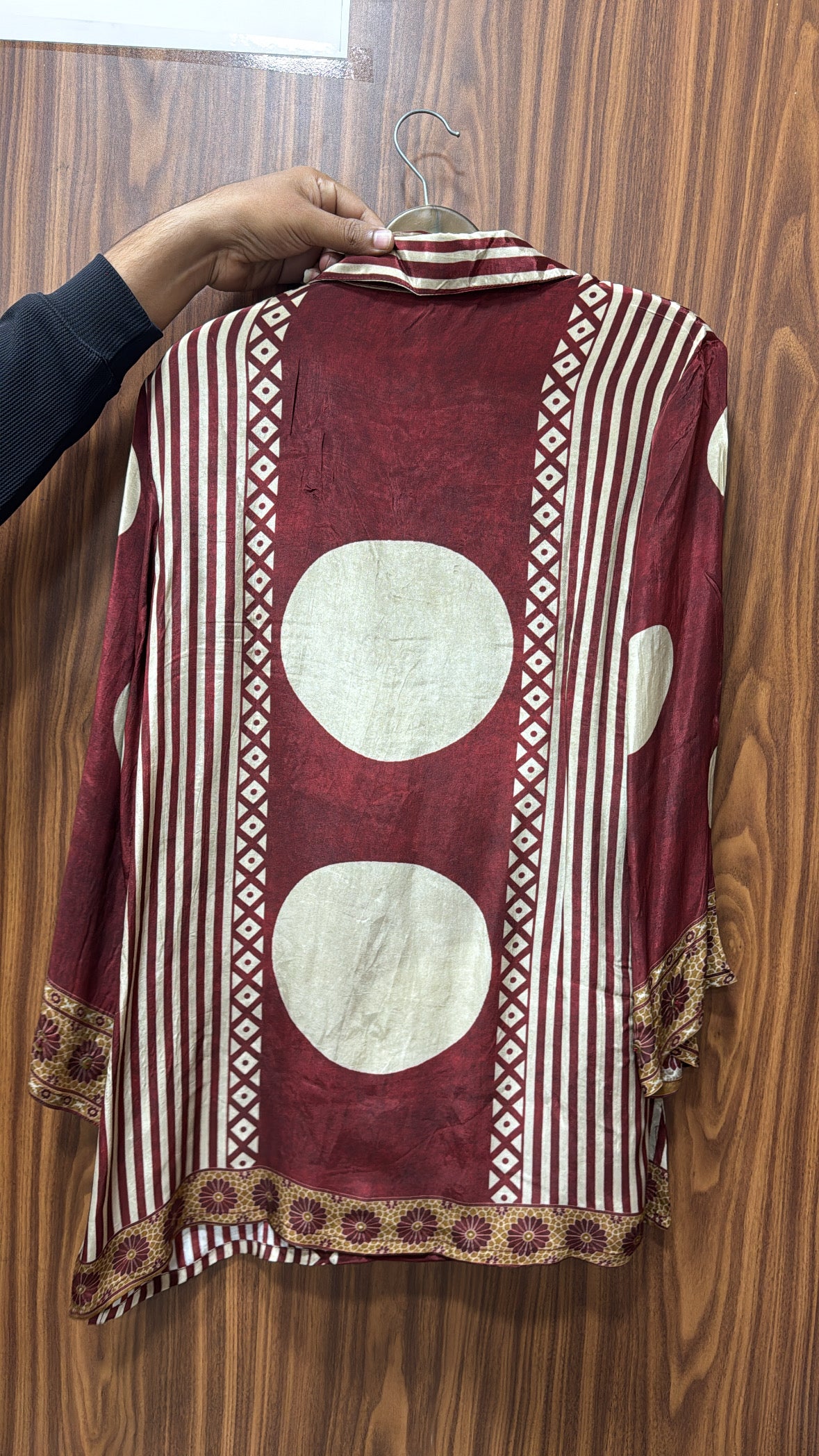 Maroon Multi-Print Collared Tunic Shirt | Embroidered Pure Crepe Designer Wear