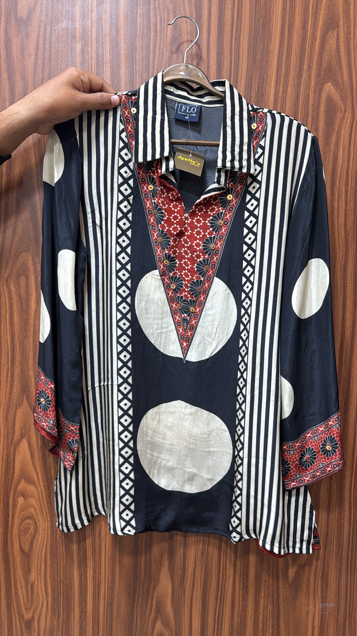 Black Multi-Print Collared Tunic Shirt | Embroidered Pure Crepe Designer Wear