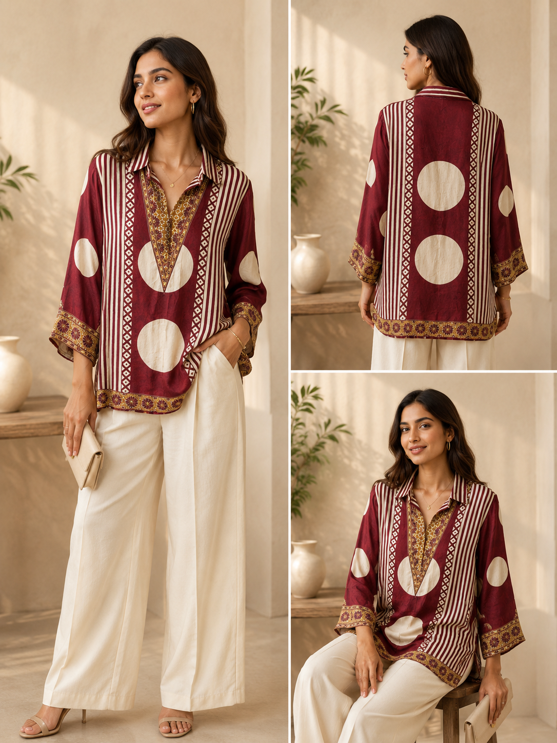 Maroon Multi-Print Collared Tunic Shirt | Embroidered Pure Crepe Designer Wear