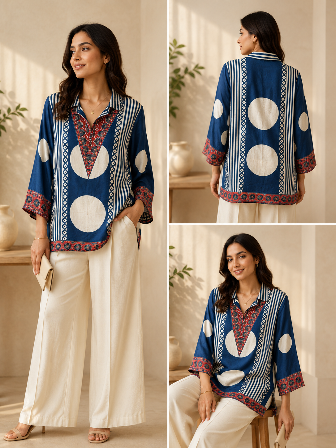 Blue Multi-Print Collared Tunic Shirt | Embroidered Pure Crepe Designer Wear