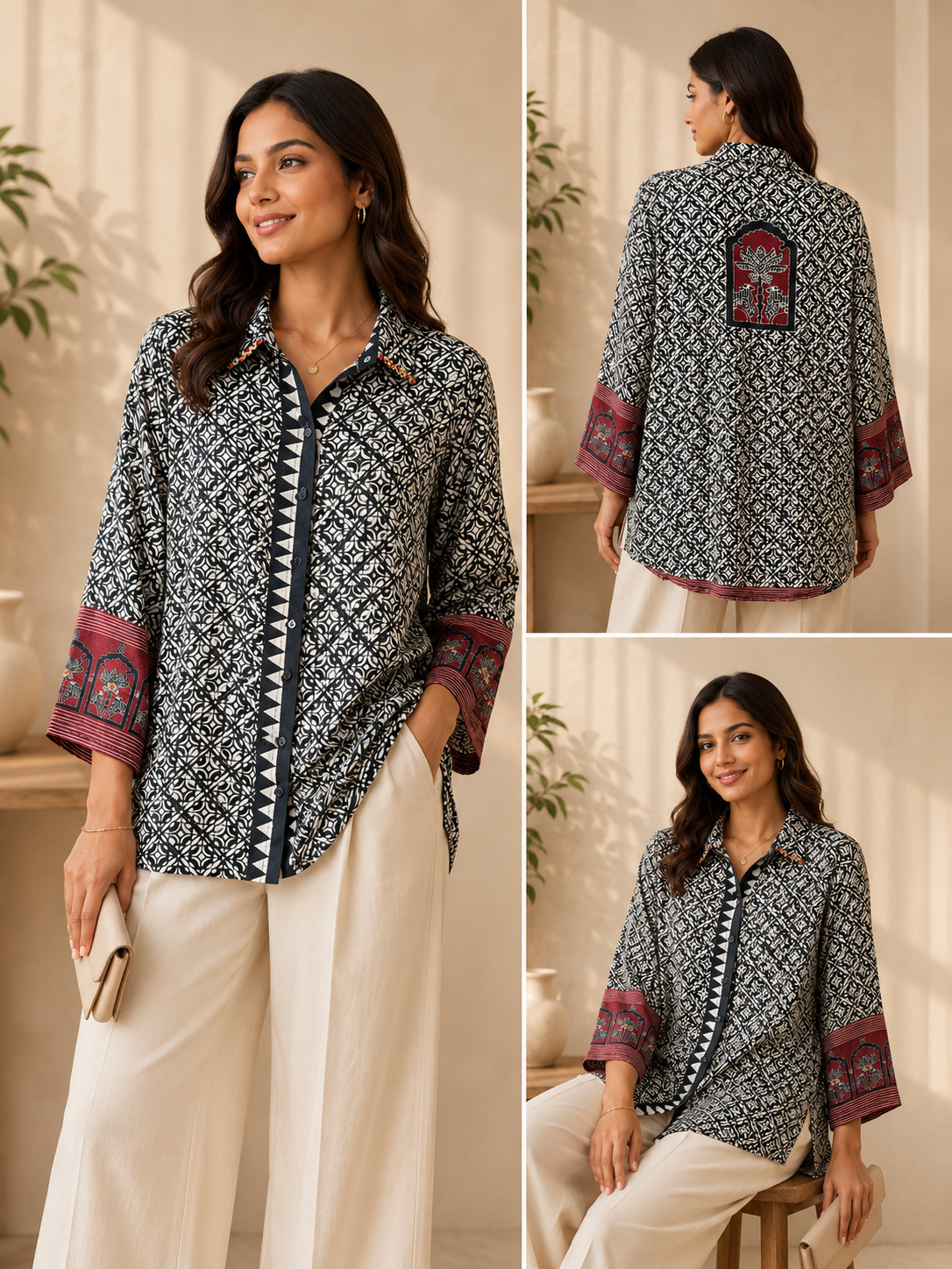 Black Collared Tunic Shirt | Embroidered Pure Crepe Designer Wear