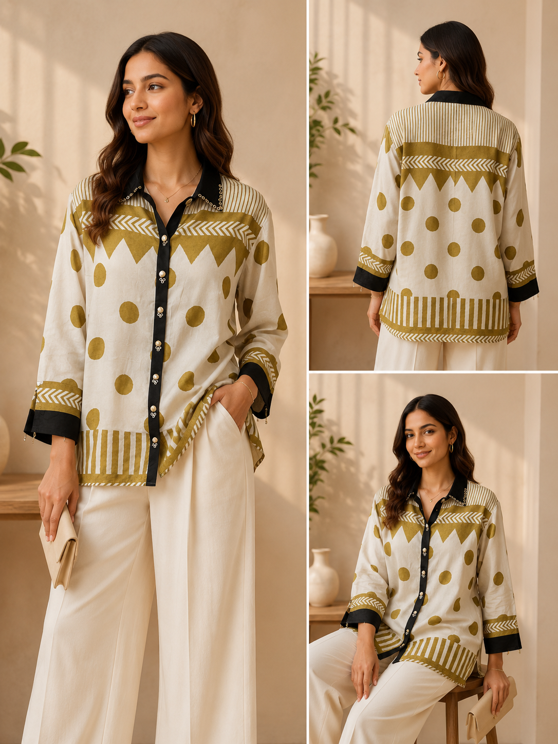 Mustard Multi-Print Collared Tunic Shirt | Embroidered Pure Crepe Designer Wear