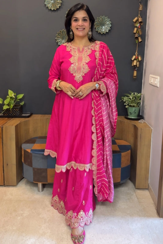 Hot Pink Pure Silk Sharara Set | Golden Adda (Aari) Work