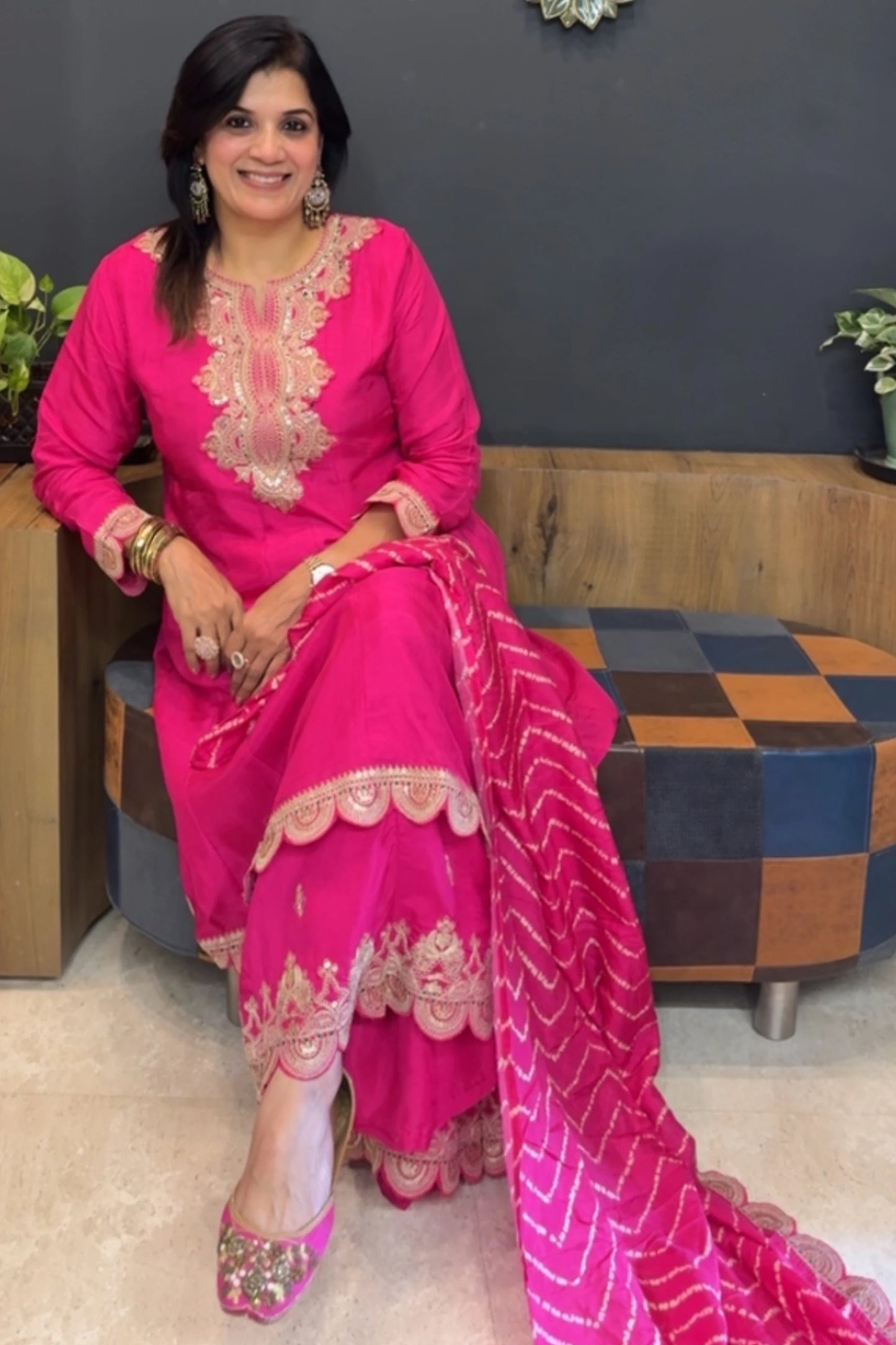 Hot Pink Pure Silk Sharara Set | Golden Adda (Aari) Work