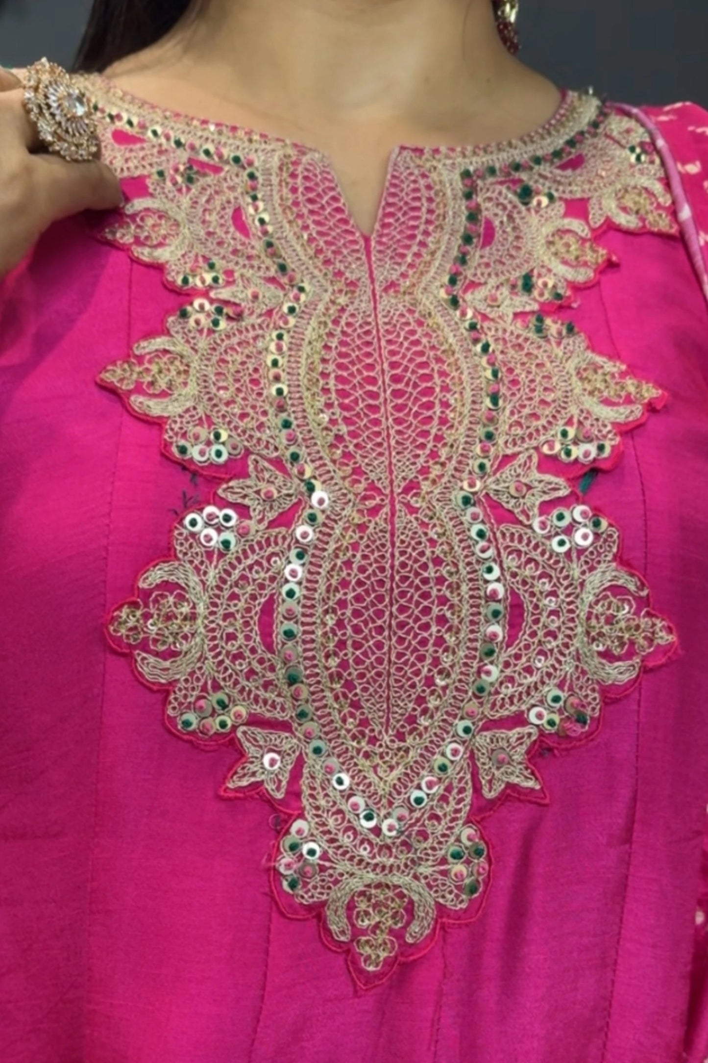 Hot Pink Pure Silk Sharara Set | Golden Adda (Aari) Work