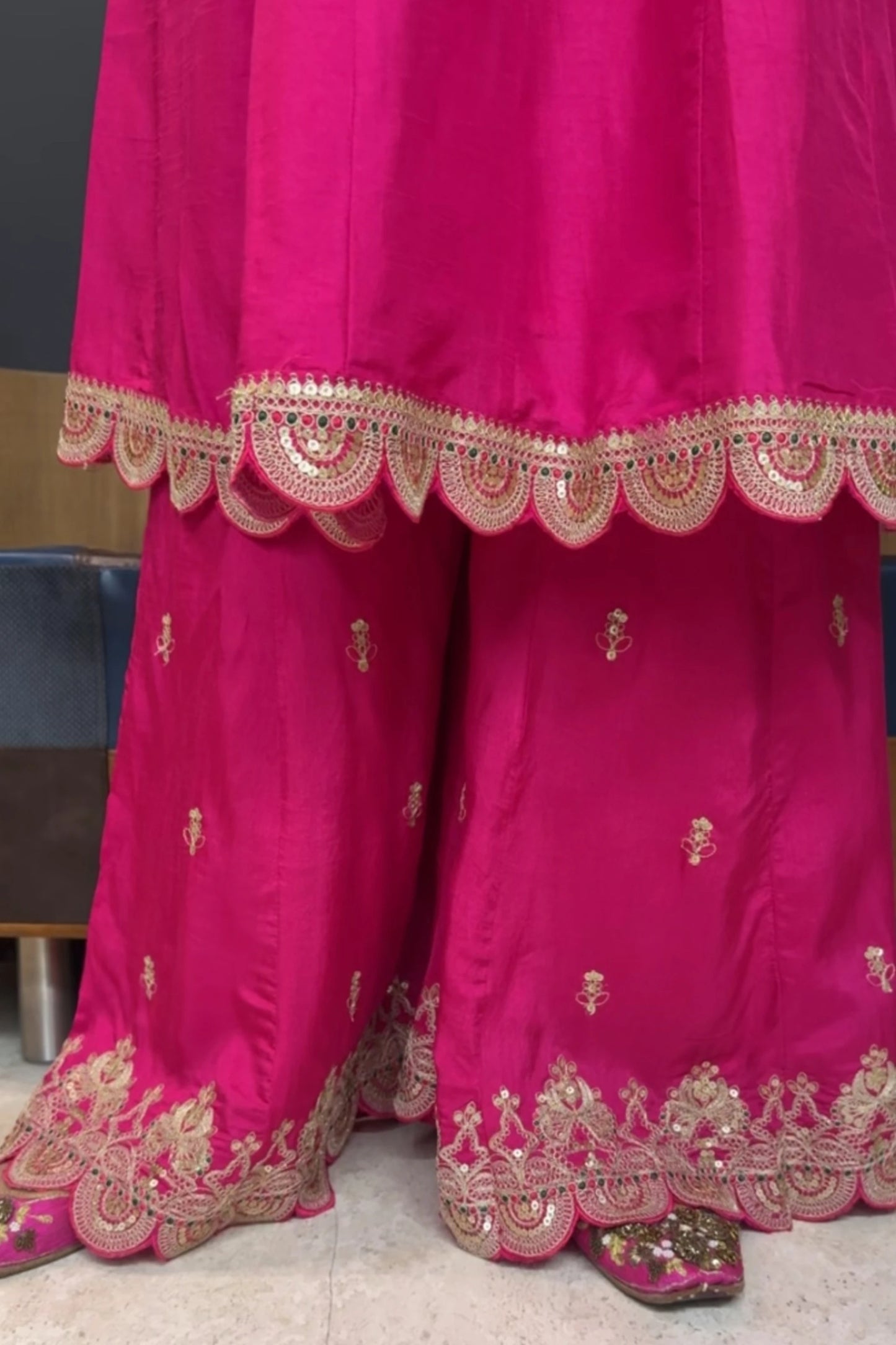 Hot Pink Pure Silk Sharara Set | Golden Adda (Aari) Work