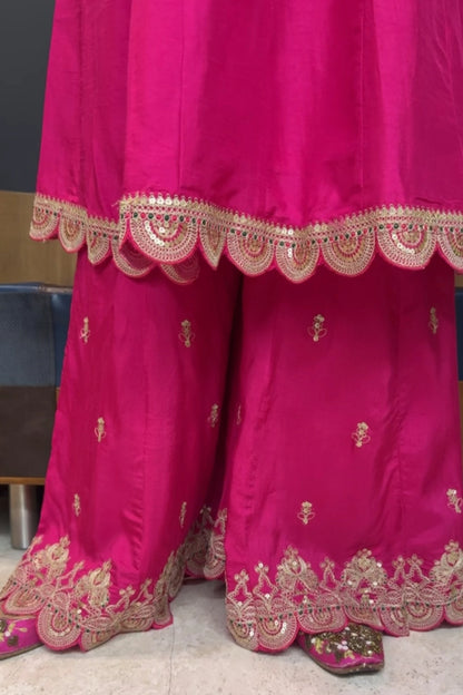 Hot Pink Pure Silk Sharara Set | Golden Adda (Aari) Work