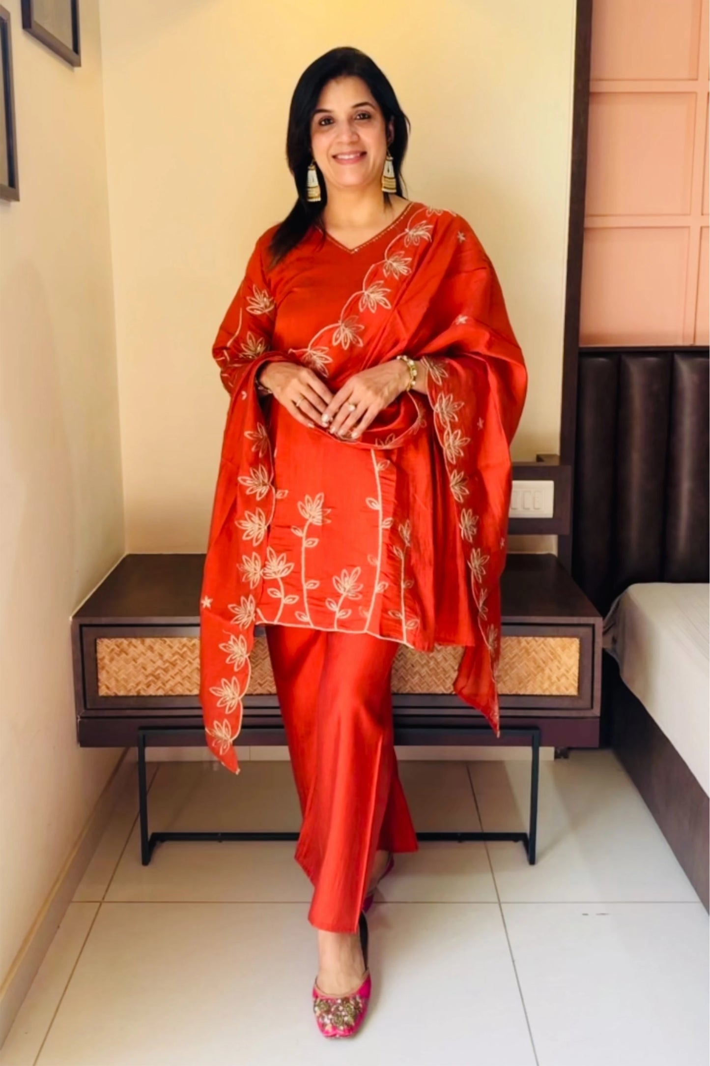 Burnt Orange Mul Chanderi Plazo Suit Set | Golden Adda (Aari) Work