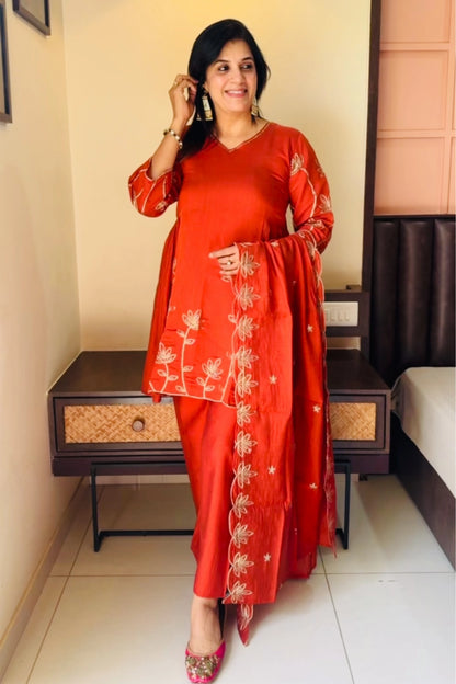 Burnt Orange Mul Chanderi Plazo Suit Set | Golden Adda (Aari) Work