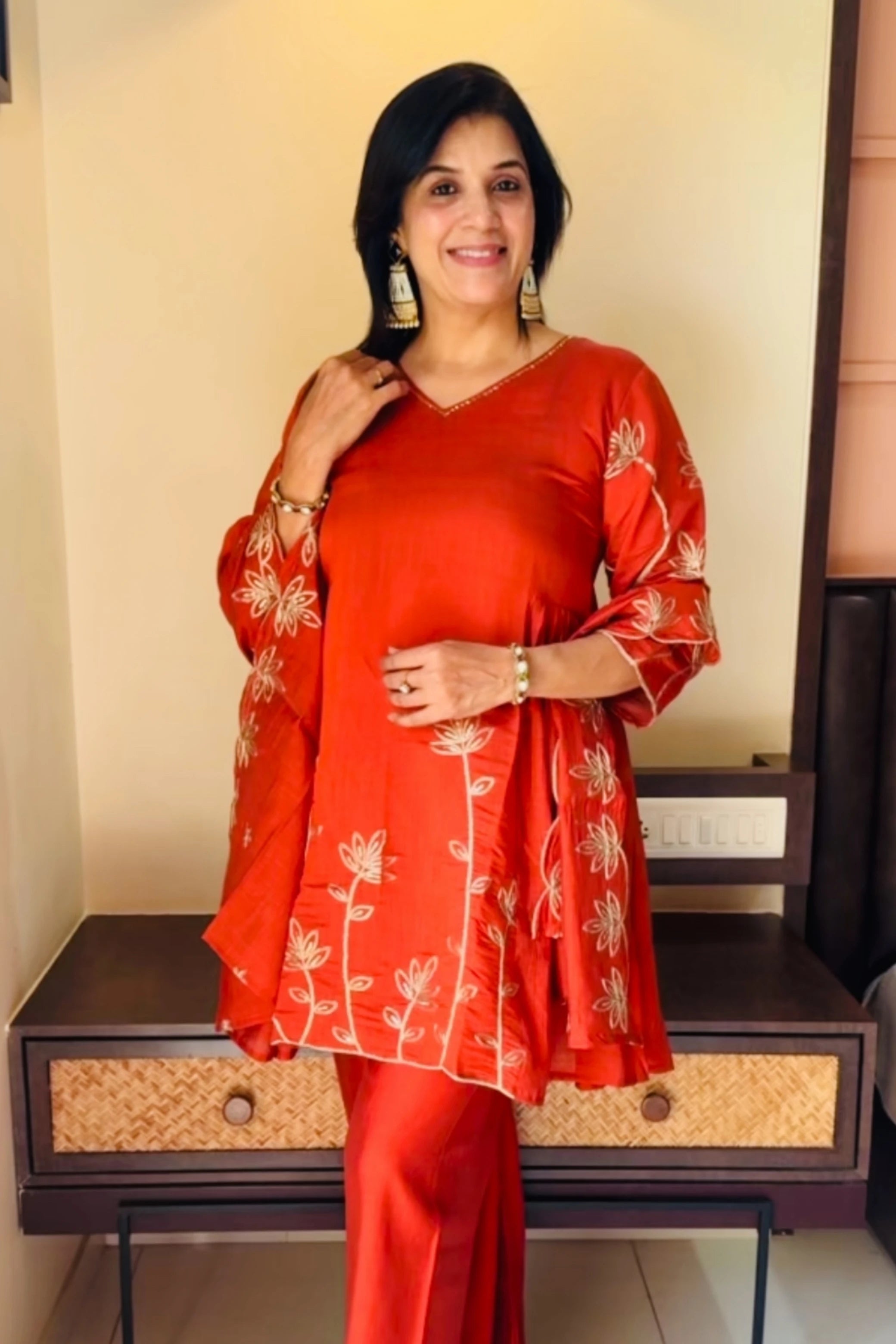Burnt Orange Mul Chanderi Plazo Suit Set | Golden Adda (Aari) Work