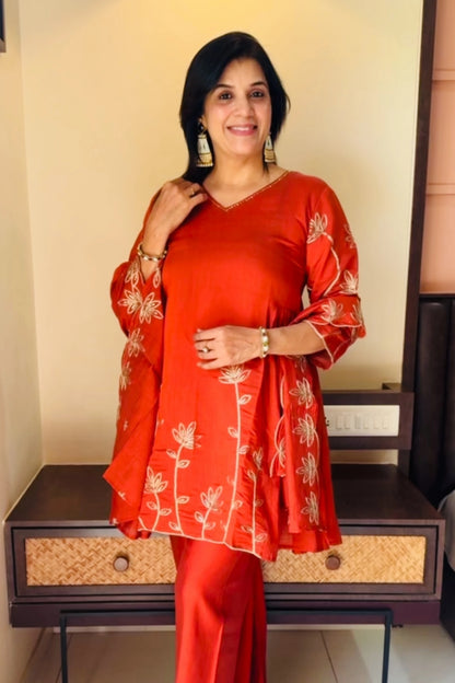 Burnt Orange Mul Chanderi Plazo Suit Set | Golden Adda (Aari) Work