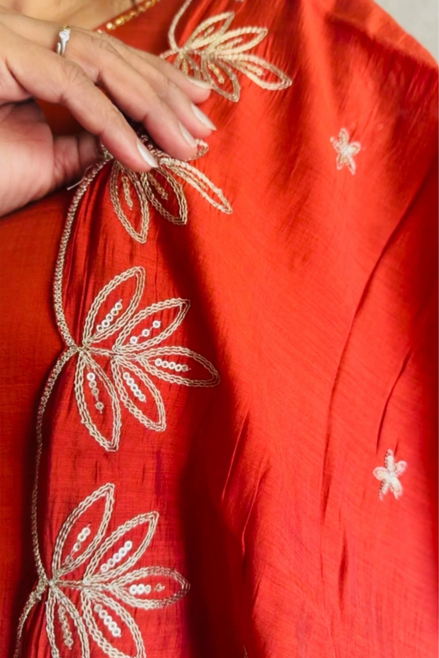 Burnt Orange Mul Chanderi Plazo Suit Set | Golden Adda (Aari) Work