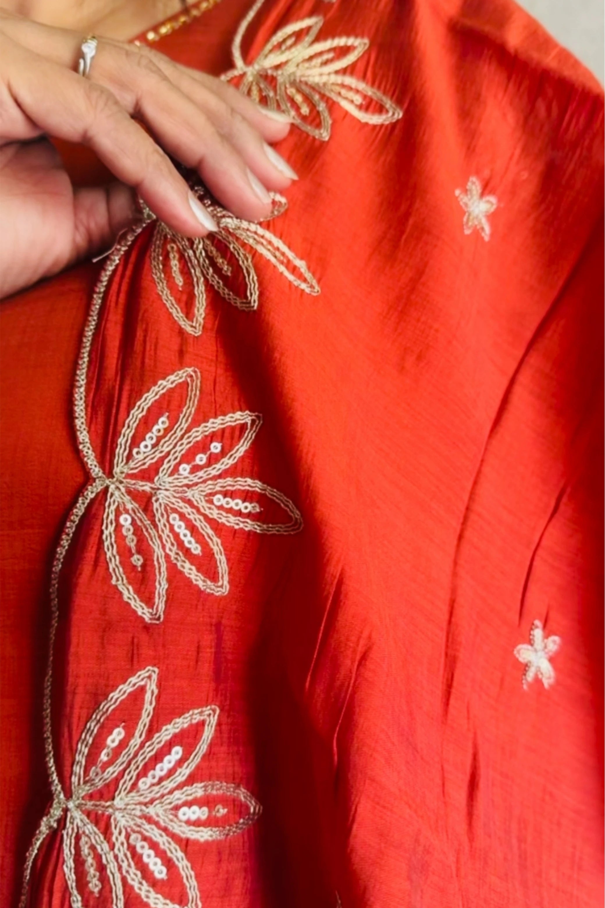 Burnt Orange Mul Chanderi Plazo Suit Set | Golden Adda (Aari) Work