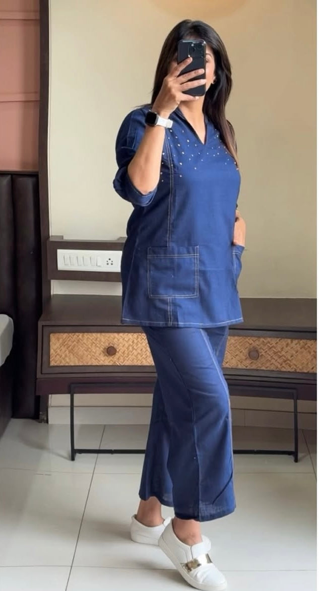 Classic Denim Blue Co-ord Set with Stylish Stud Work | Cotton Fabric