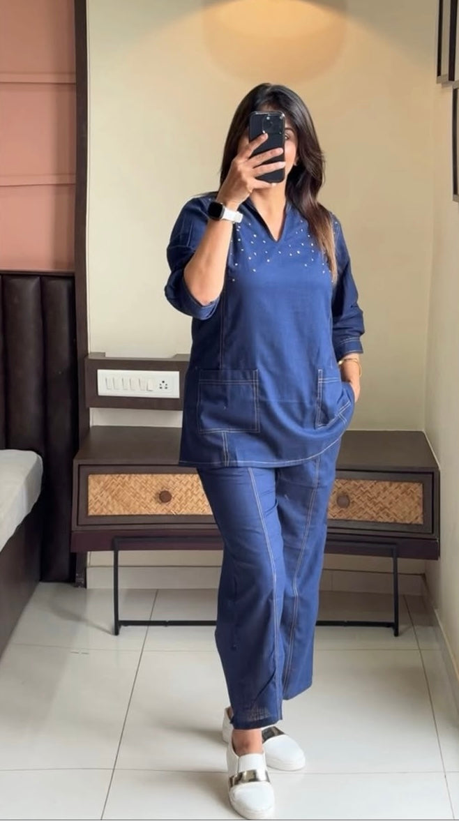 Classic Denim Blue Co-ord Set with Stylish Stud Work | Cotton Fabric