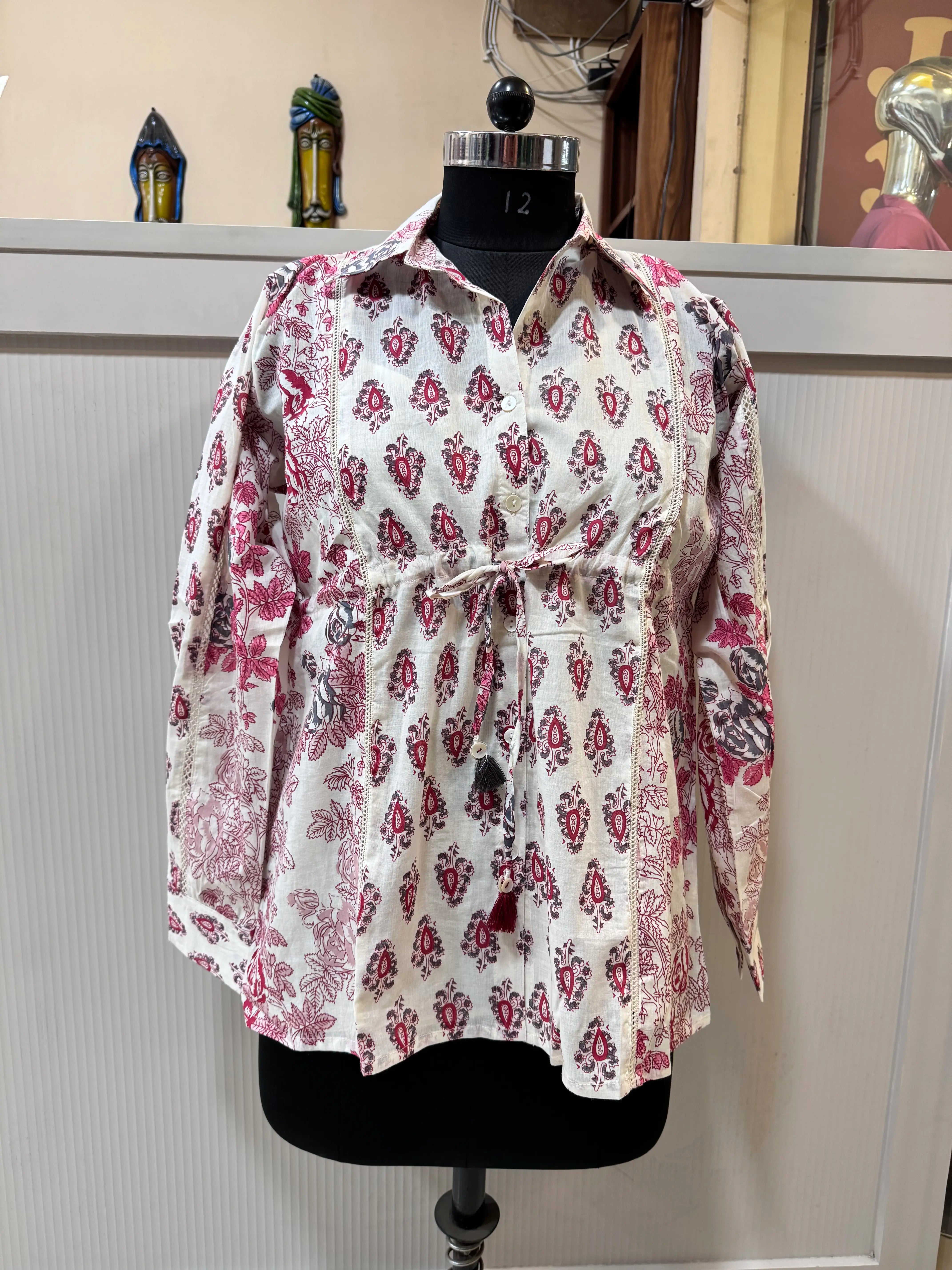 Pink & White Jaipuri Print Collared Shirt Kurti with Spaghetti Inner