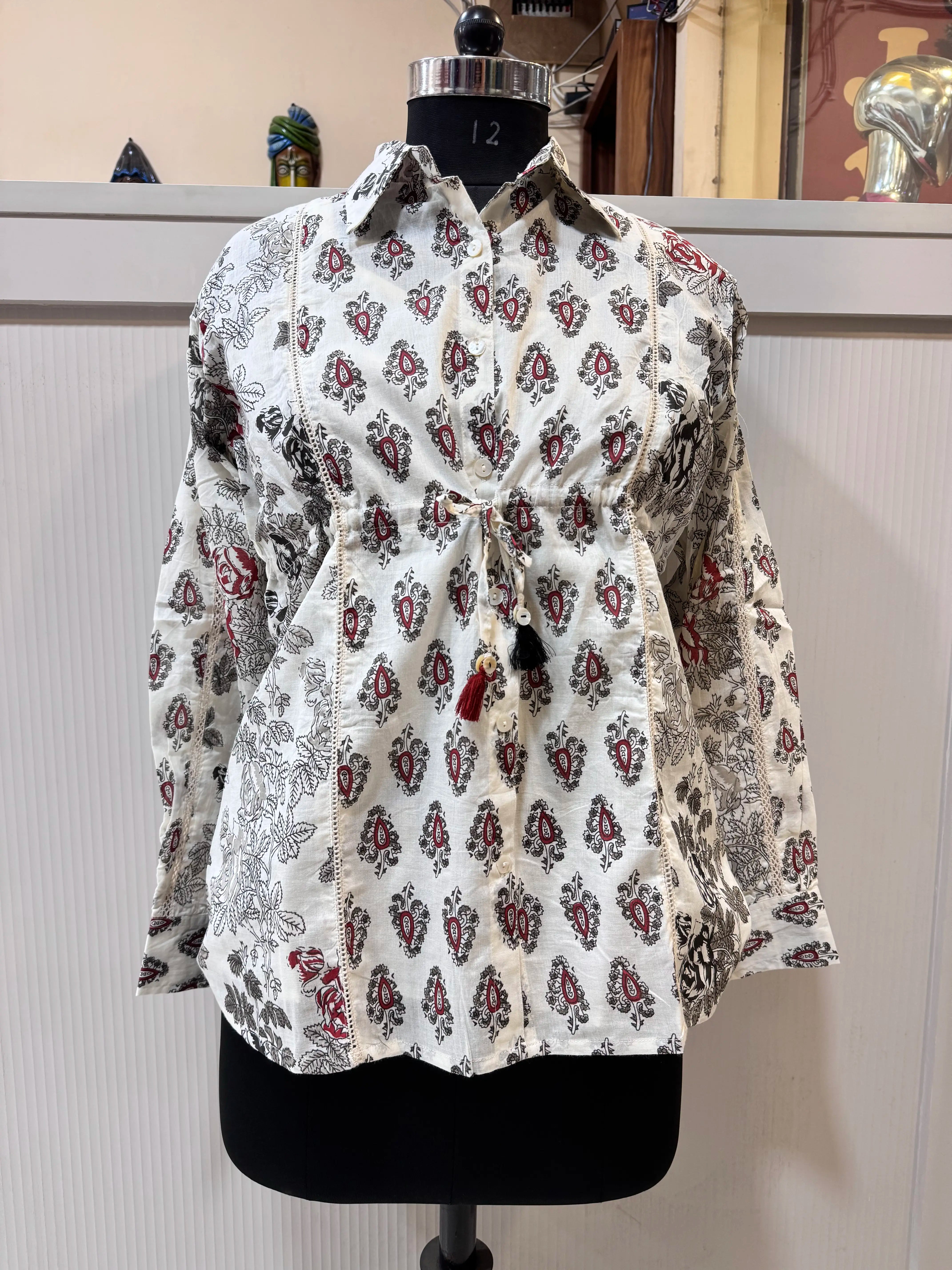 Grey & White Jaipuri Print Collared Shirt Kurti with Spaghetti Inner