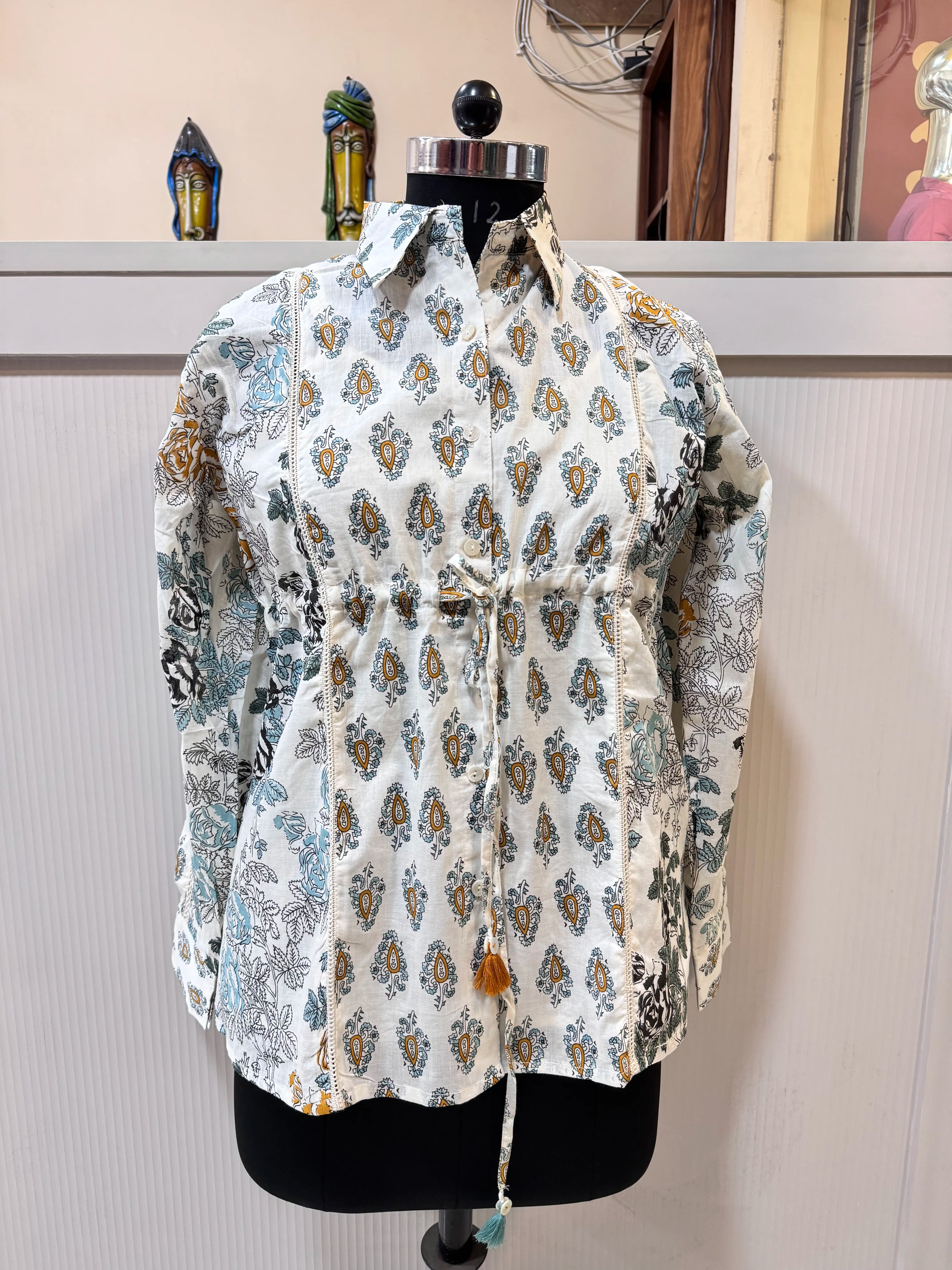 Light teal & White Jaipuri Print Collared Shirt Kurti with Spaghetti Inner