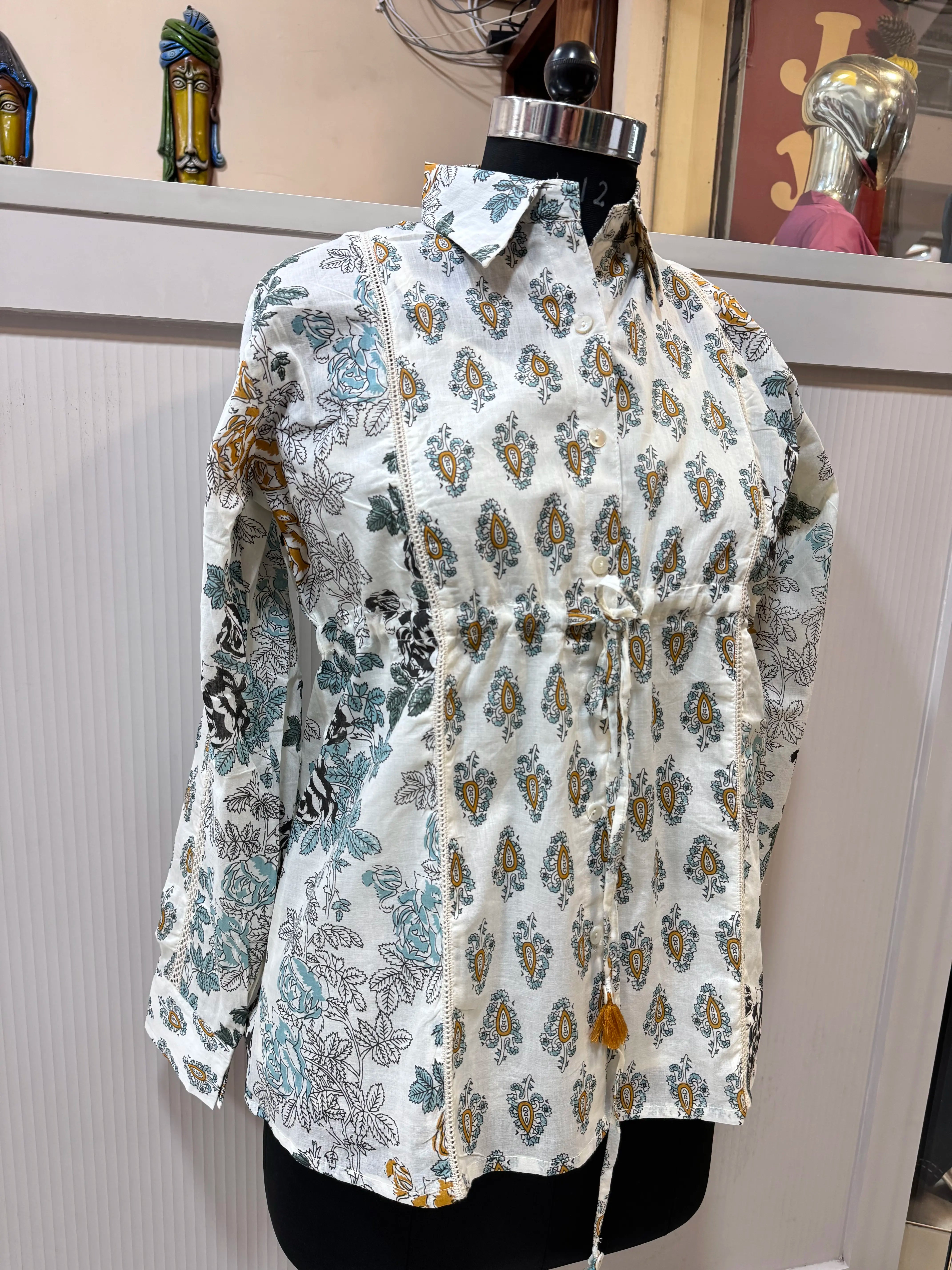 Light teal & White Jaipuri Print Collared Shirt Kurti with Spaghetti Inner