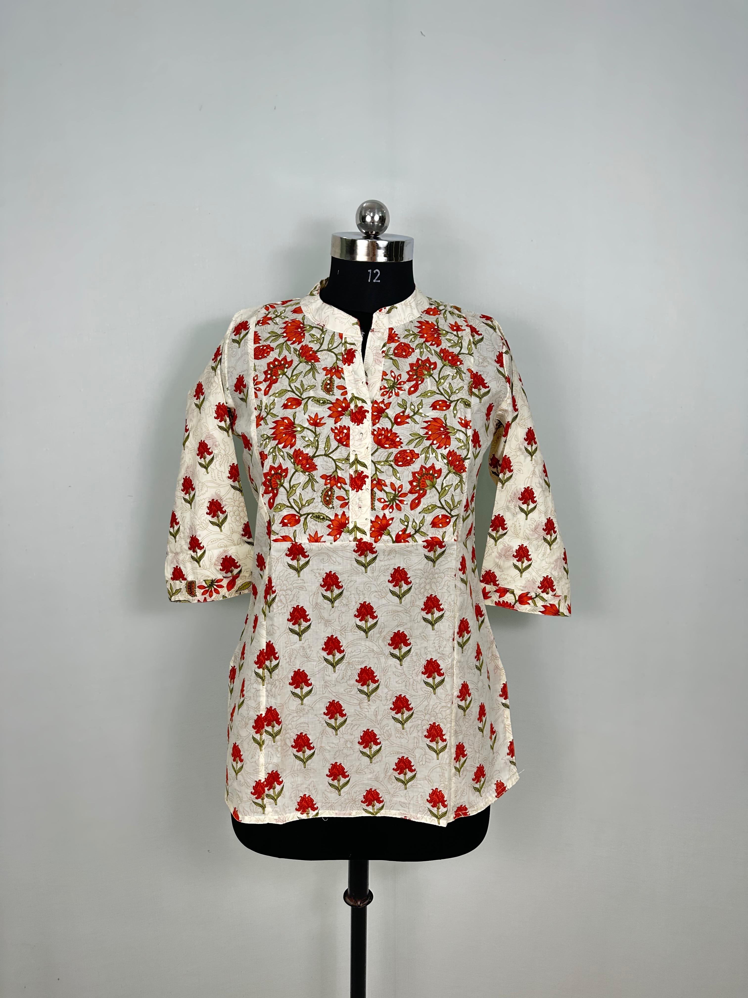 Rust & Off-White Jaipuri Print Short Kurti | Soft Cotton Everyday Elegance