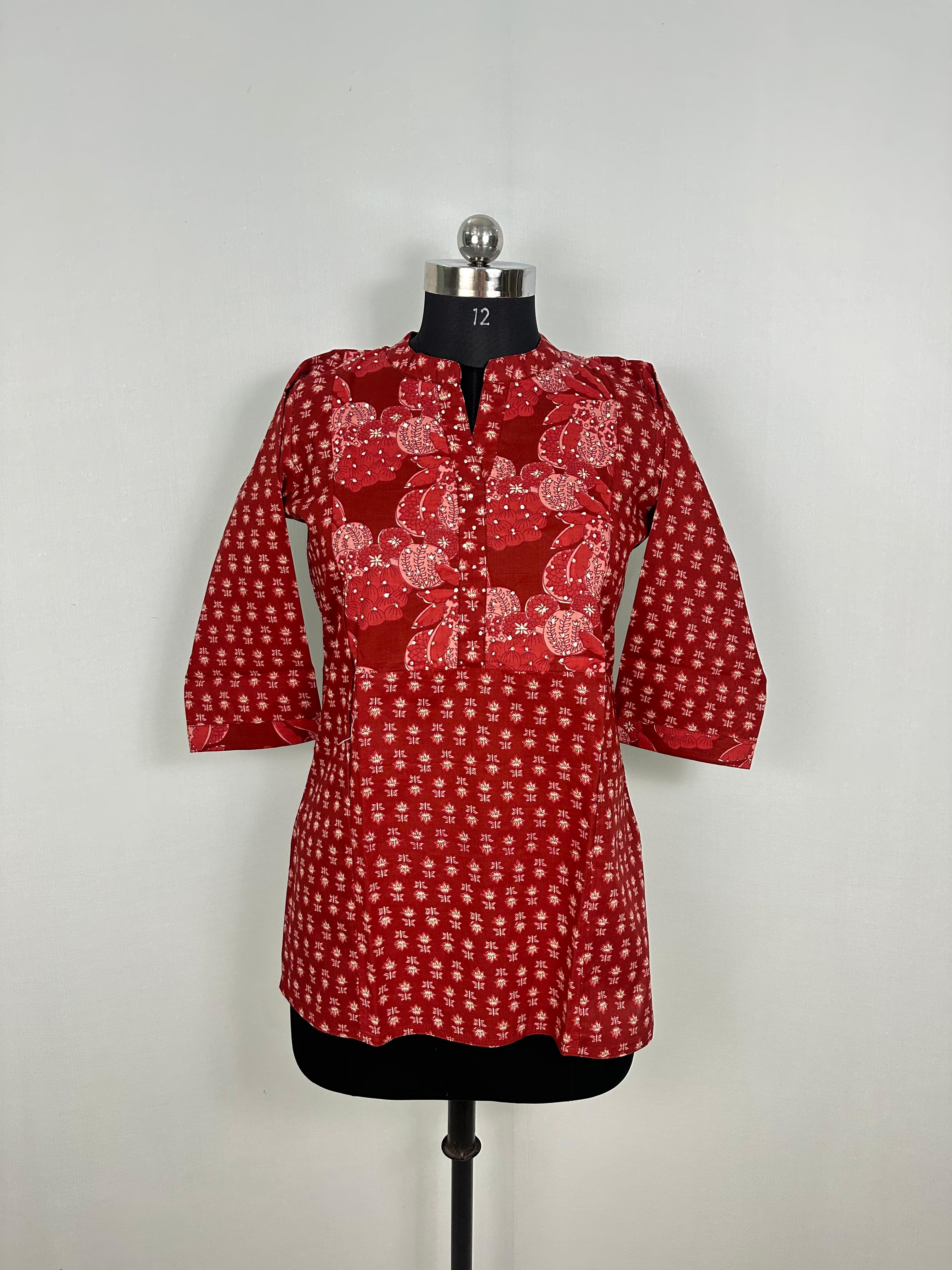 Red Jaipuri Print Short Kurti | Soft Cotton Everyday Elegance