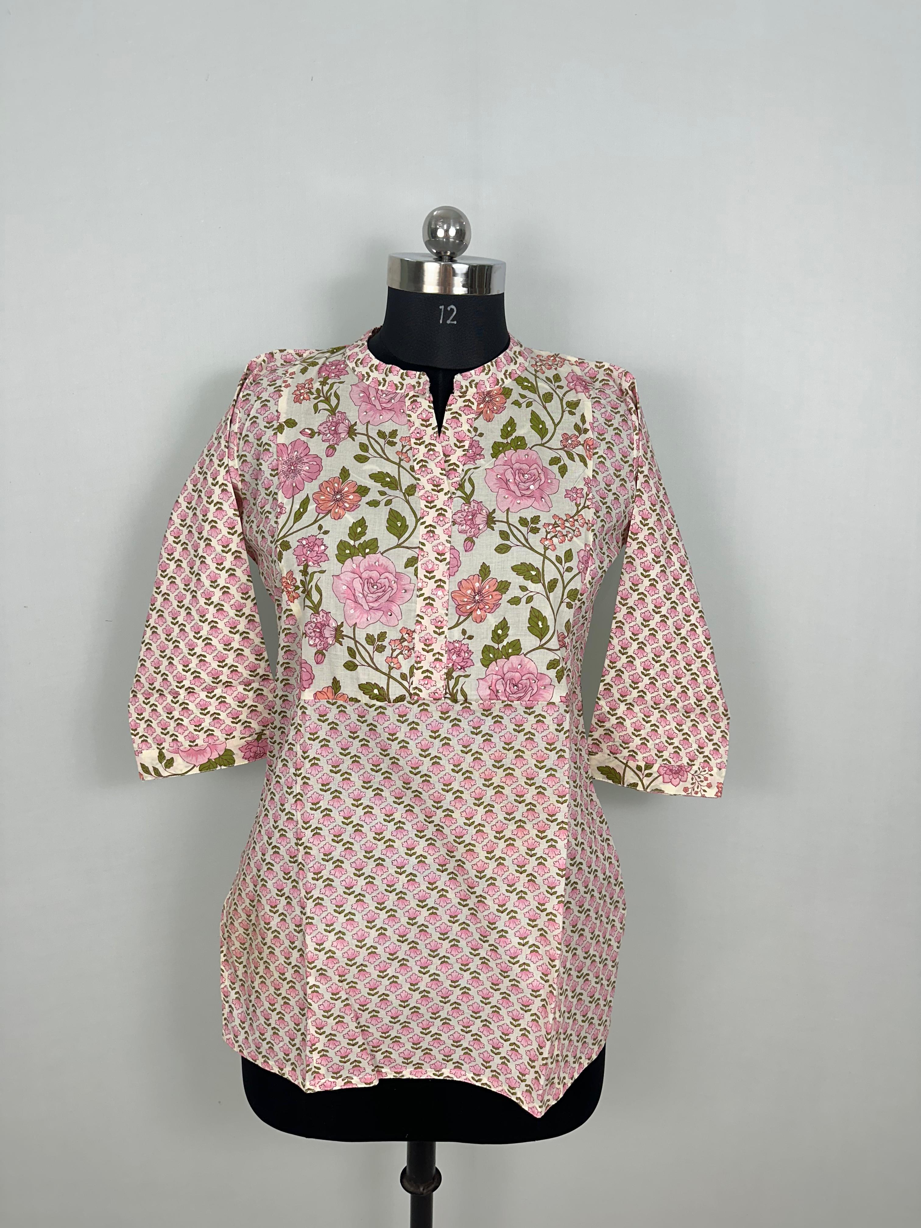 Pink & Off-White Jaipuri Print Short Kurti | Soft Cotton Everyday Elegance