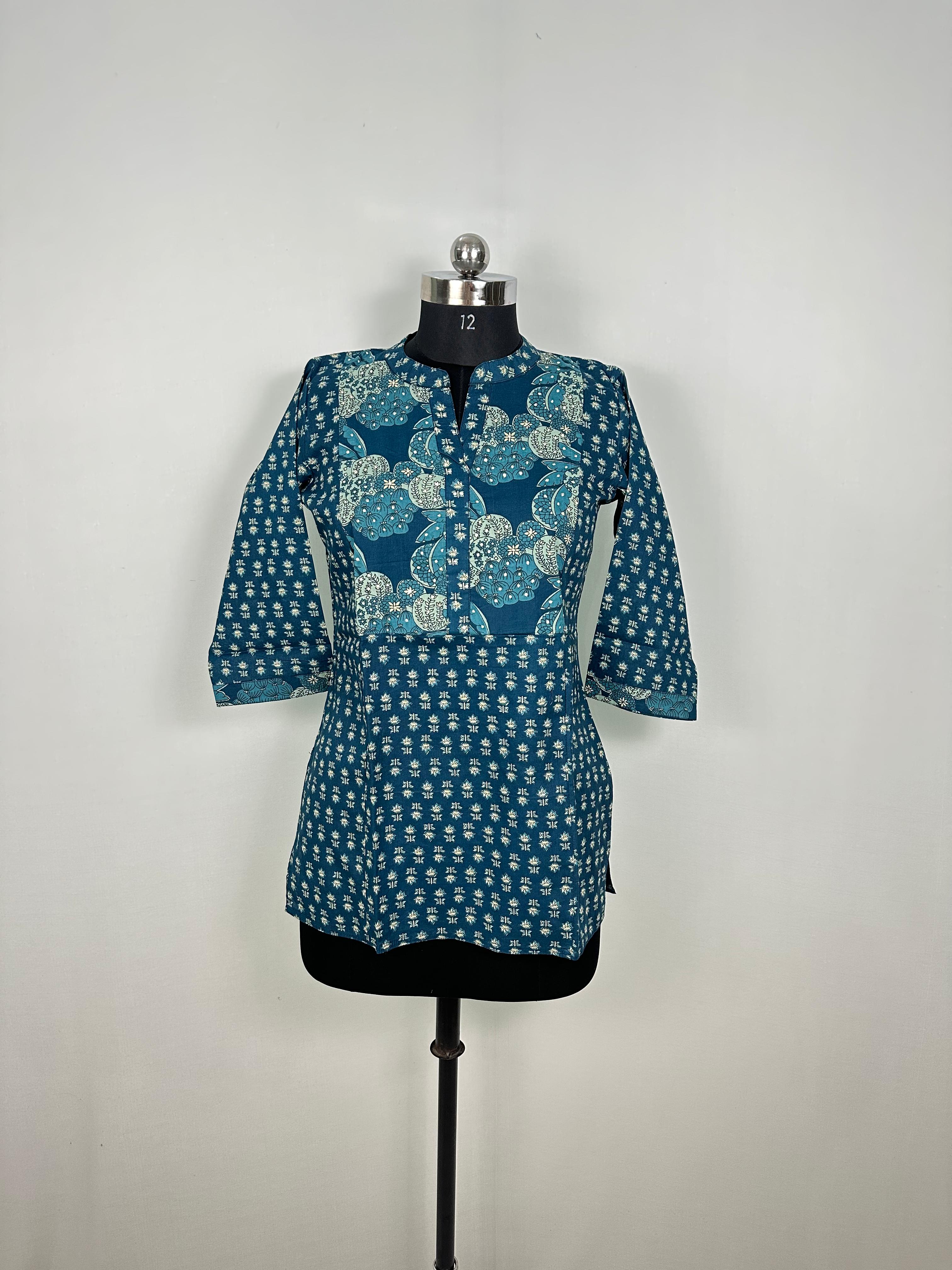 Dark Teal Jaipuri Print Short Kurti | Soft Cotton Everyday Elegance