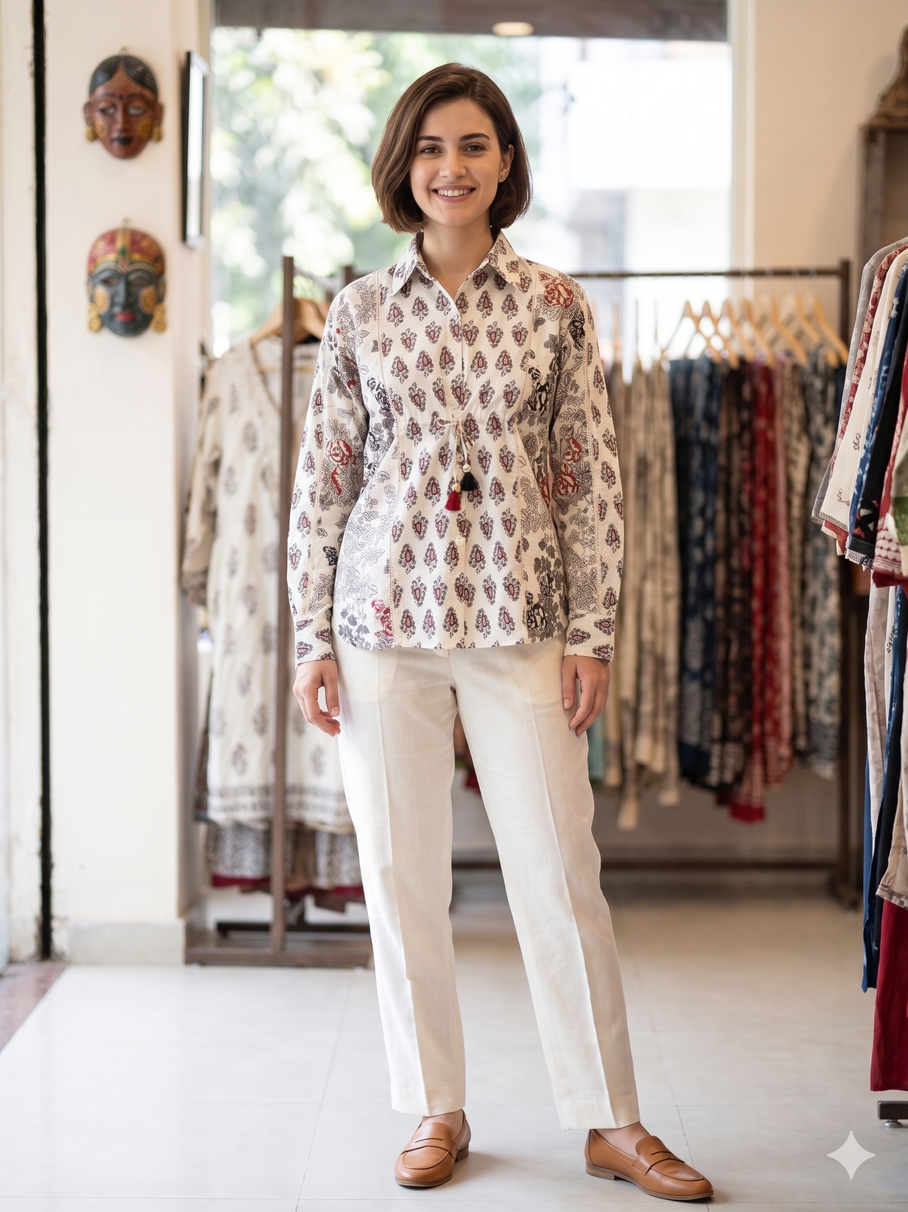 Grey & White Jaipuri Print Collared Shirt Kurti with Spaghetti Inner