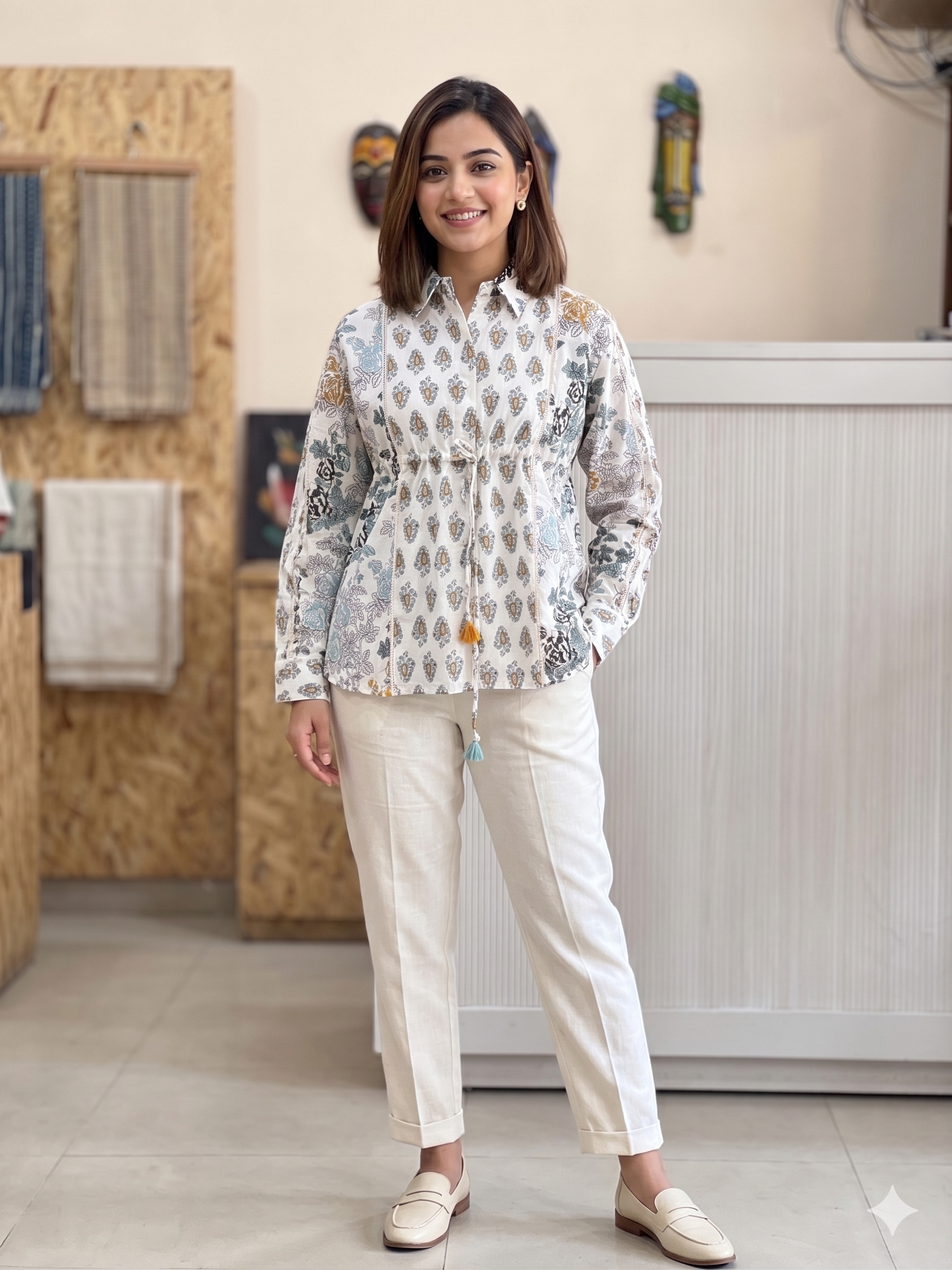 Light teal & White Jaipuri Print Collared Shirt Kurti with Spaghetti Inner