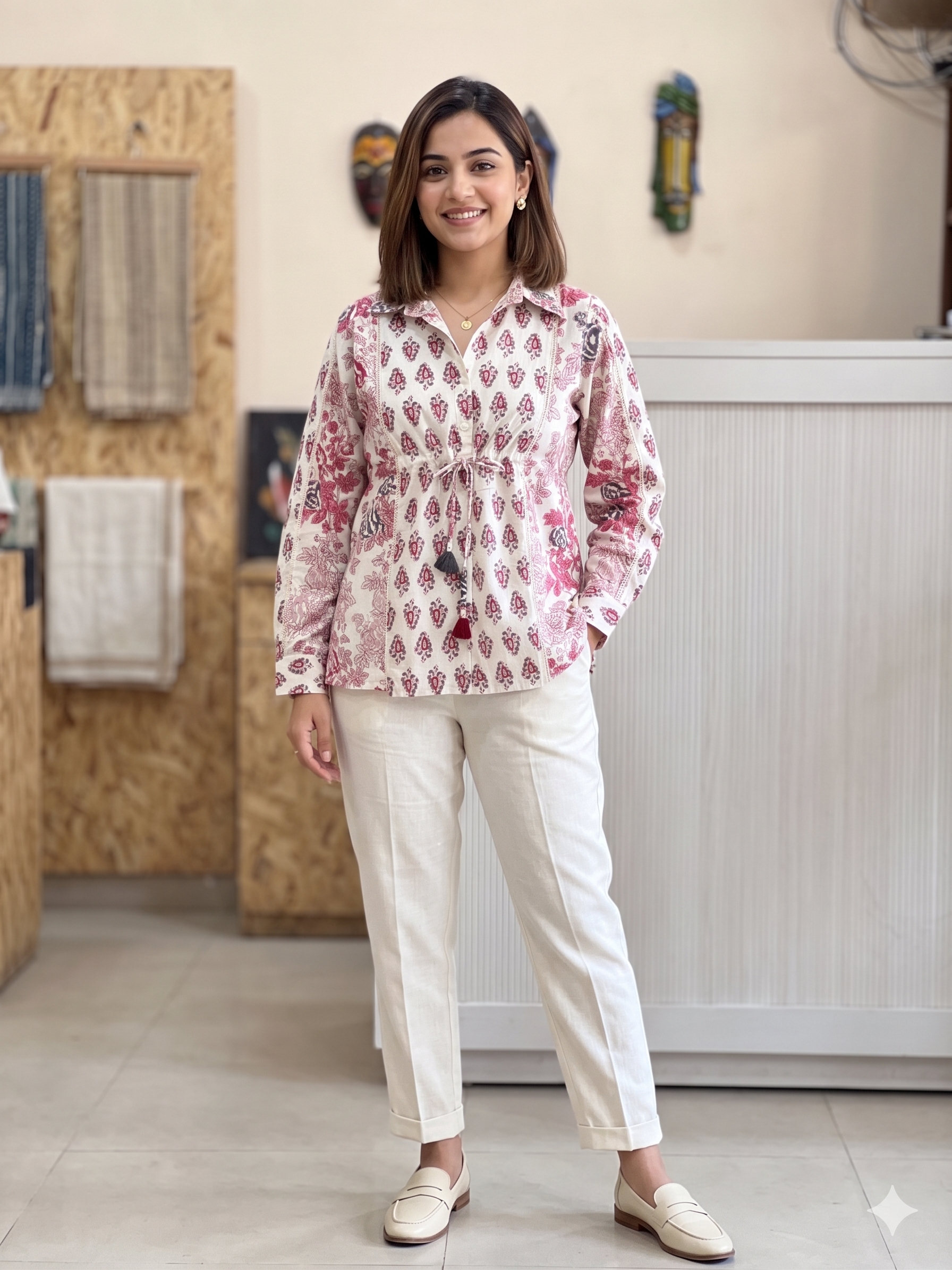 Pink & White Jaipuri Print Collared Shirt Kurti with Spaghetti Inner