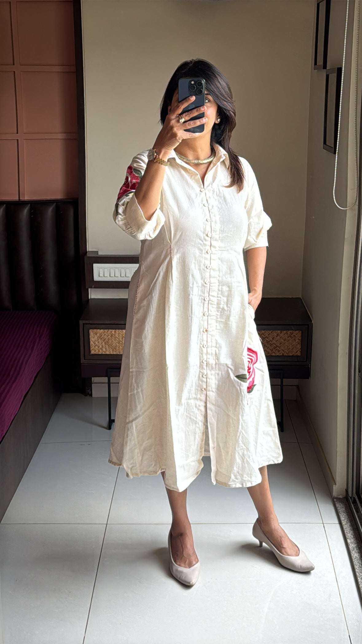 Off White Floral Embroidered Collared One Piece Dress | Cotton Flex Elegant Wear