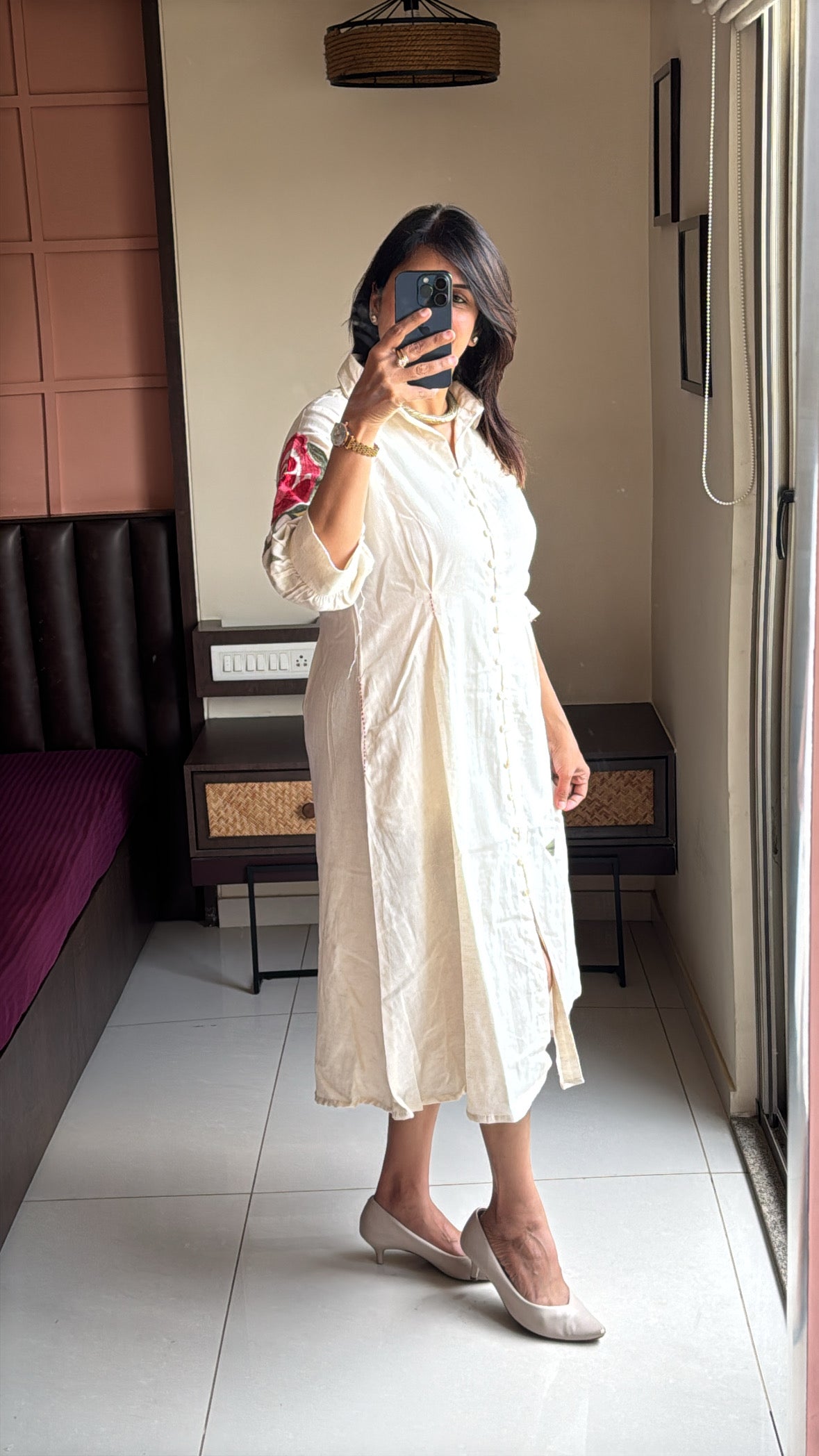 Off White Floral Embroidered Collared One Piece Dress | Cotton Flex Elegant Wear