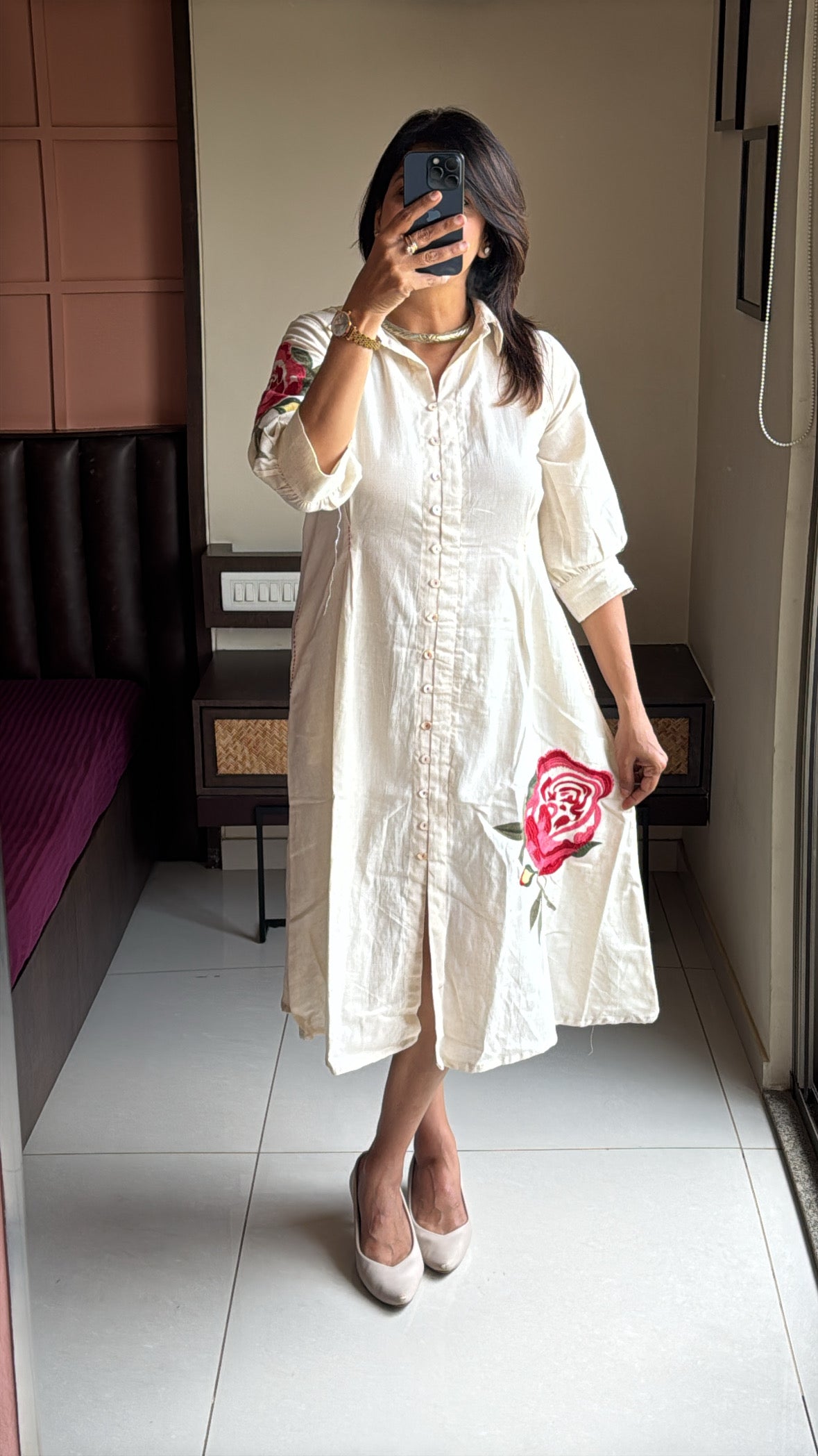Off White Floral Embroidered Collared One Piece Dress | Cotton Flex Elegant Wear