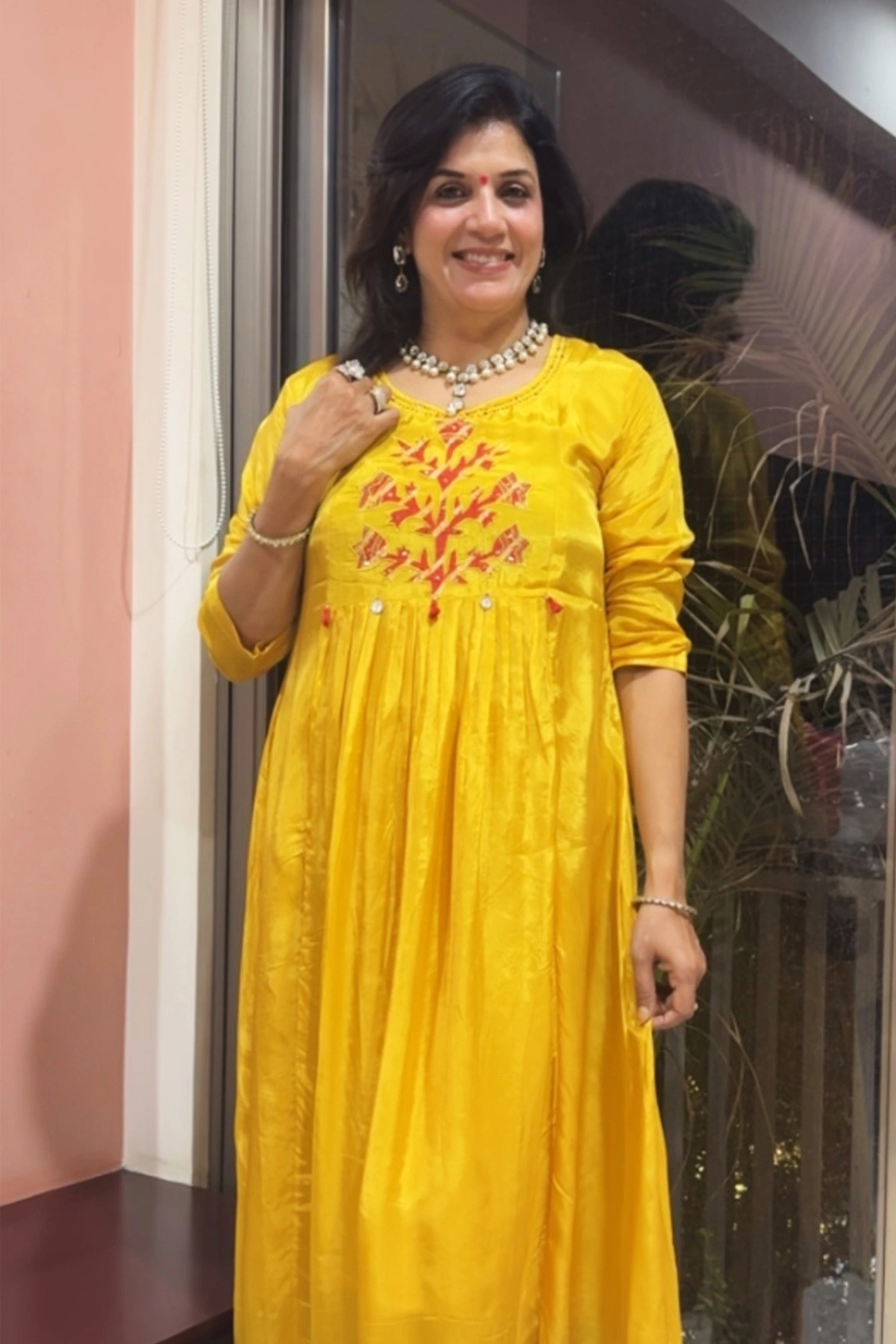 Mustard Kurta Leheriya Dupatta Set | Appliqué & Sequins Work | Gaji Silk