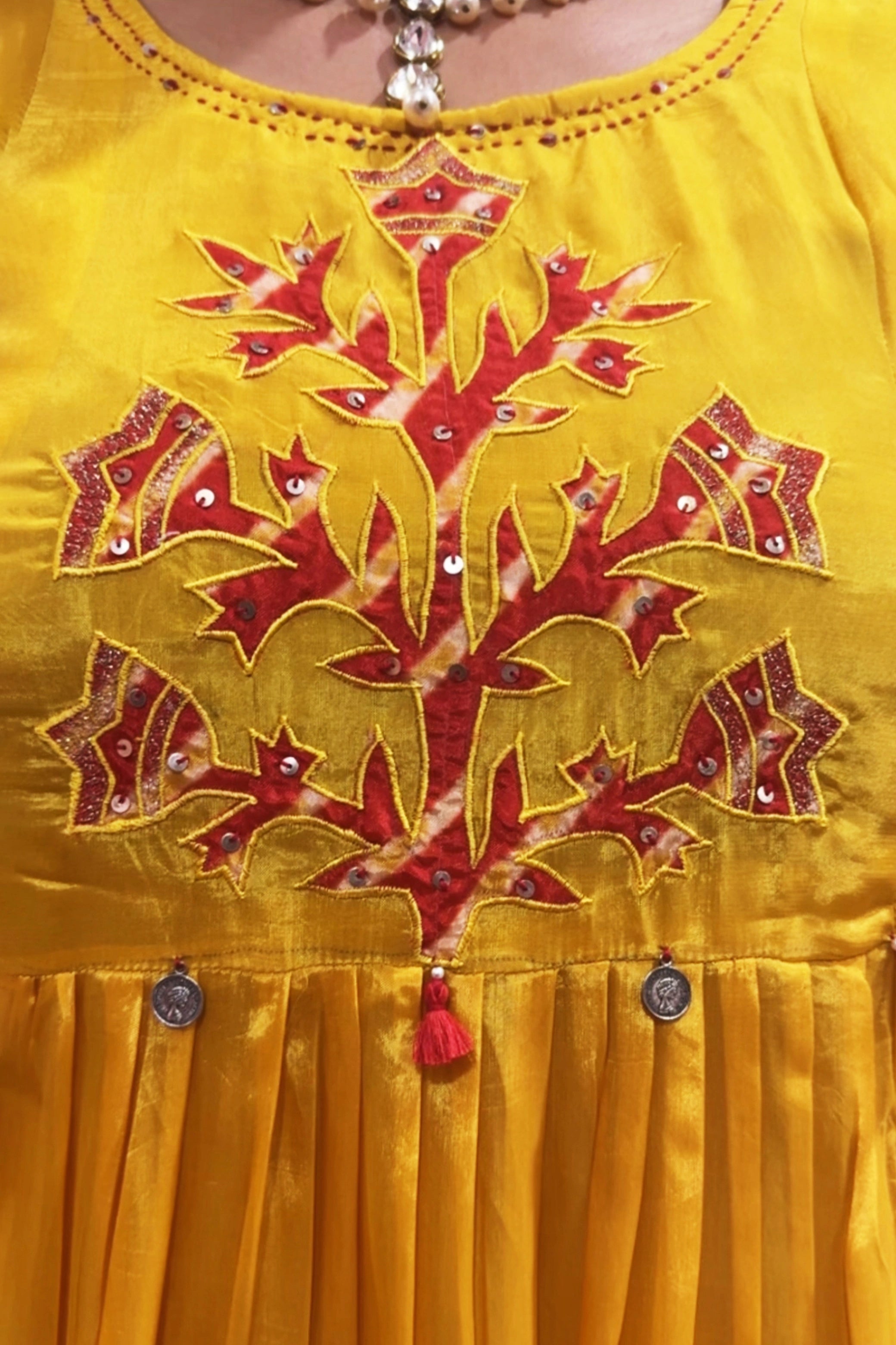 Mustard Kurta Leheriya Dupatta Set | Appliqué & Sequins Work | Gaji Silk