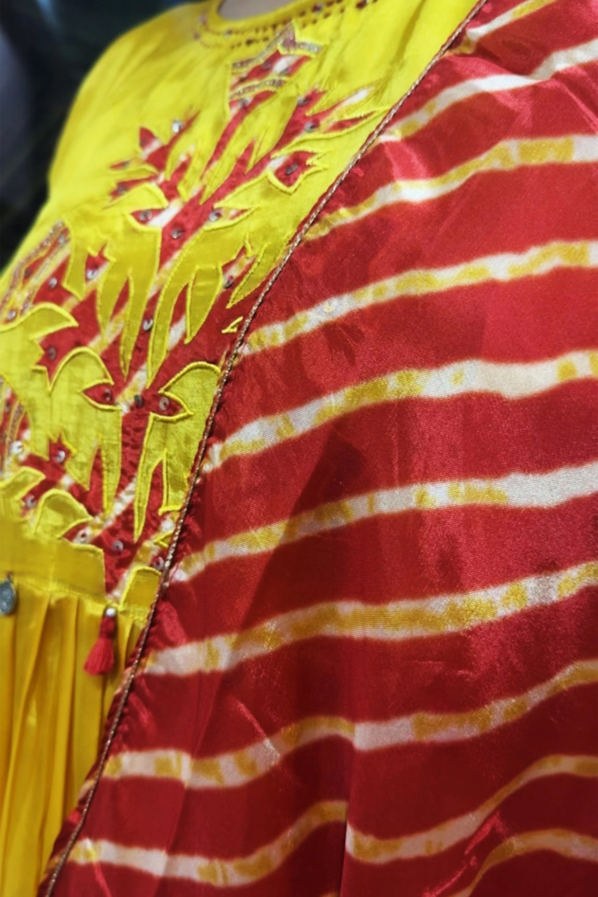 Mustard Kurta Leheriya Dupatta Set | Appliqué & Sequins Work | Gaji Silk