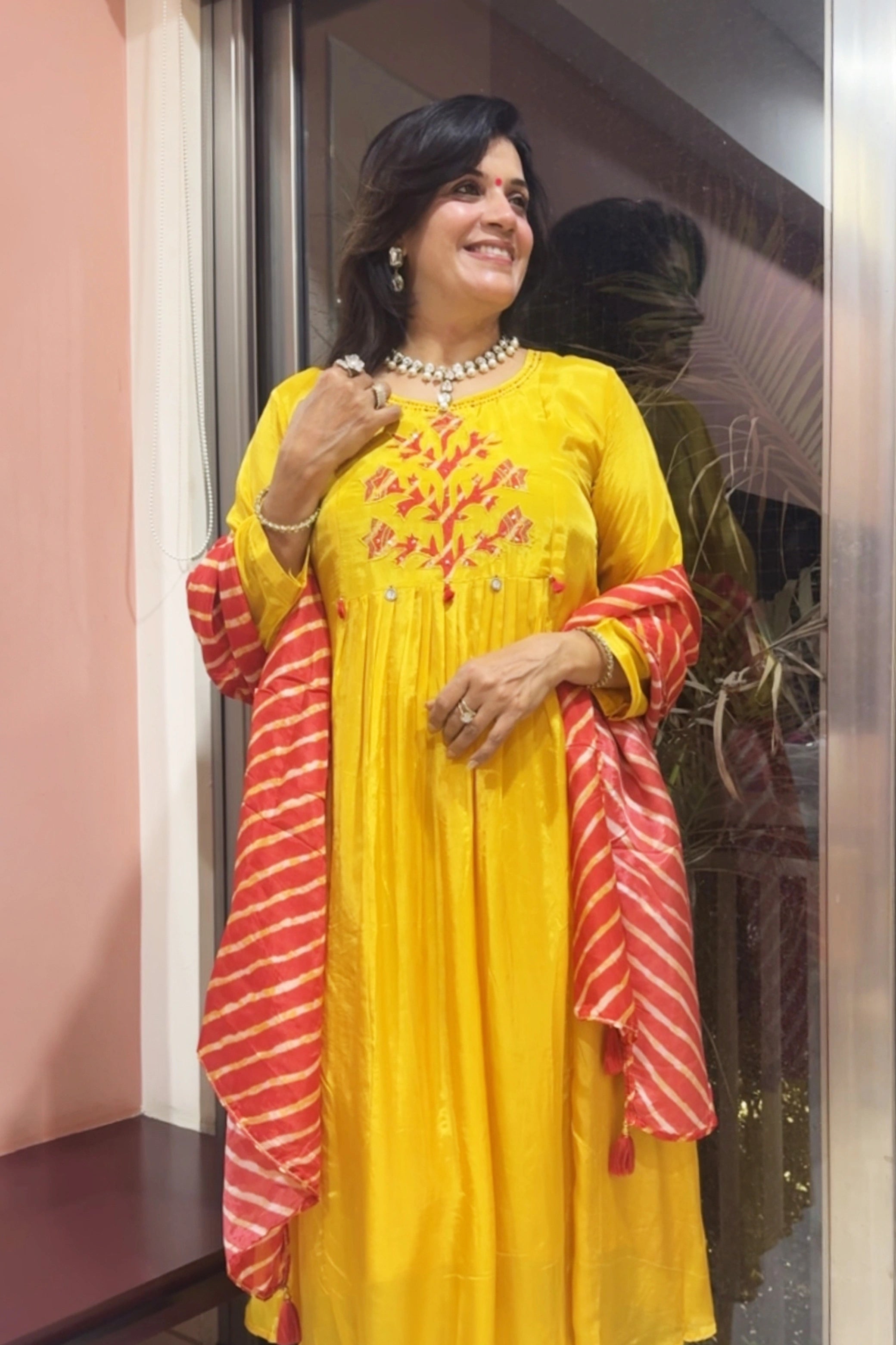 Mustard Kurta Leheriya Dupatta Set | Appliqué & Sequins Work | Gaji Silk