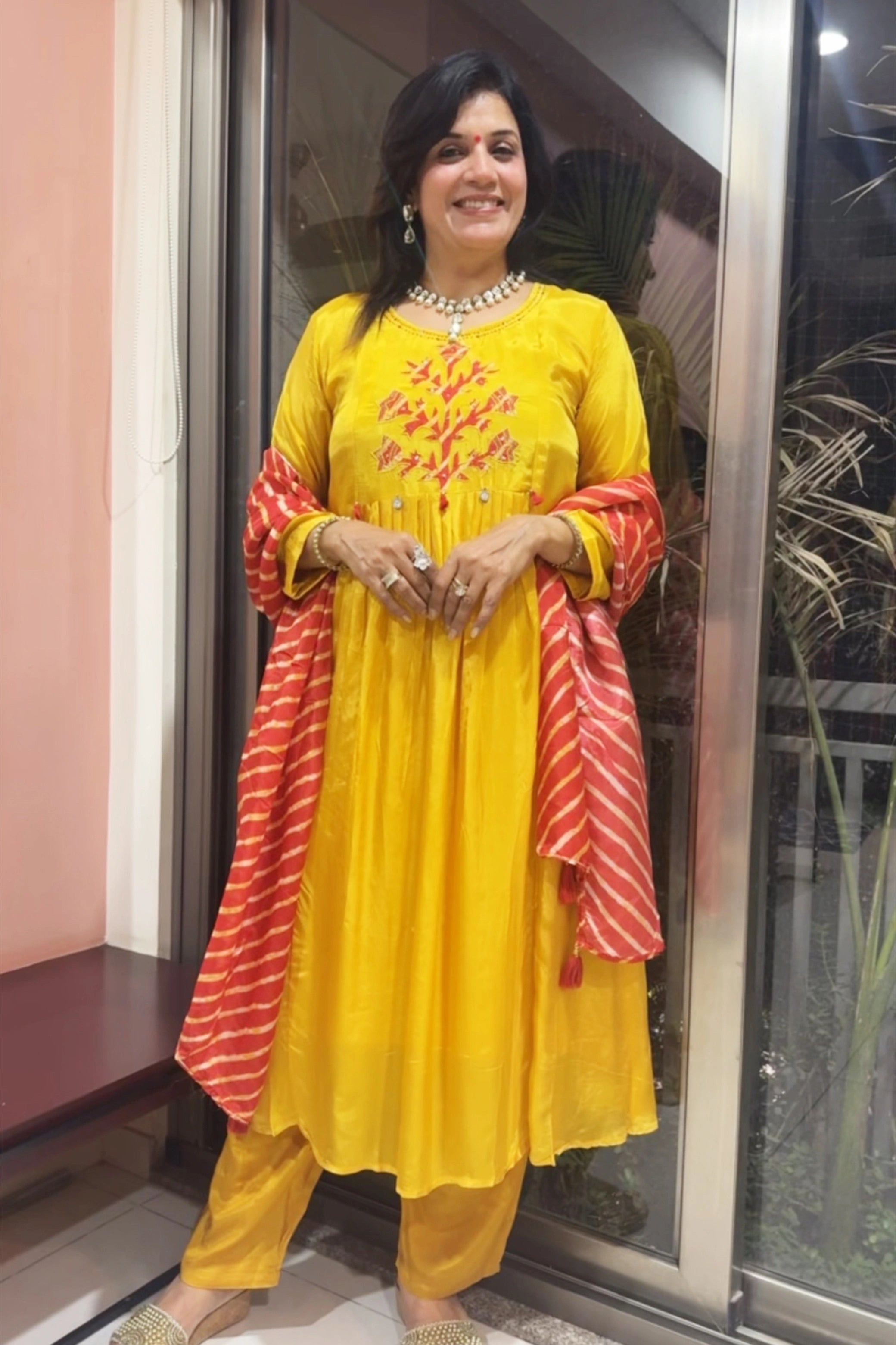 Mustard Kurta Leheriya Dupatta Set | Appliqué & Sequins Work | Gaji Silk