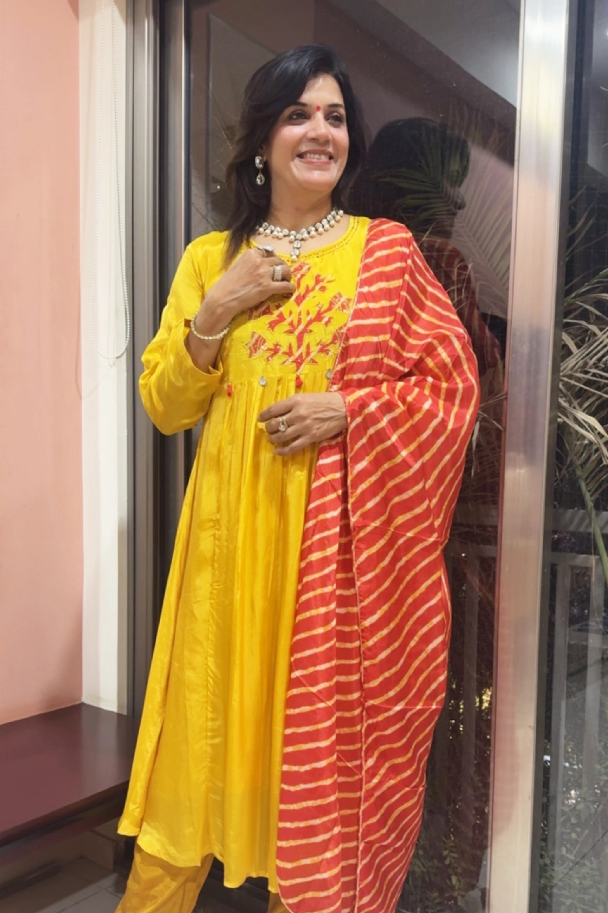 Mustard Kurta Leheriya Dupatta Set | Appliqué & Sequins Work | Gaji Silk