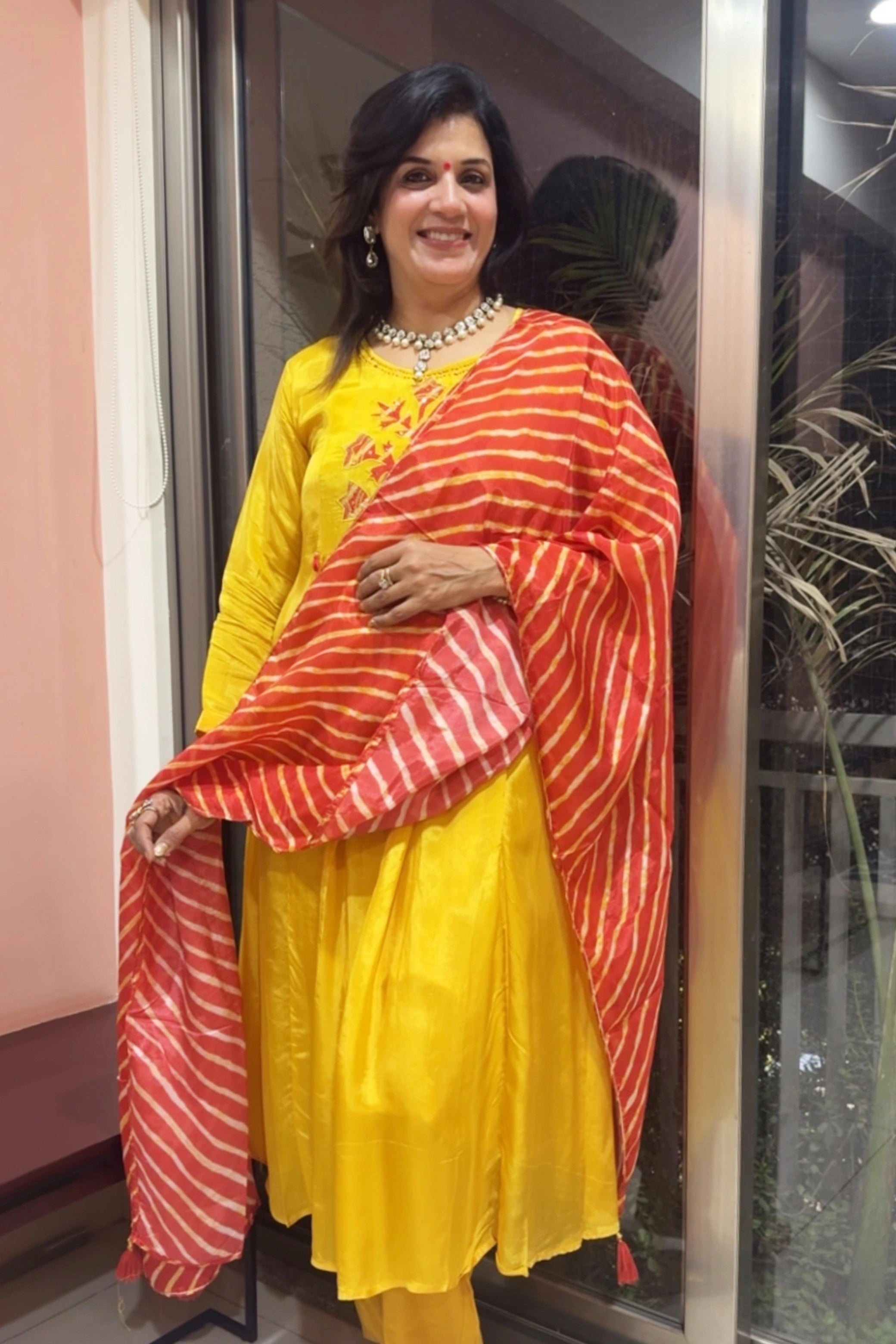Mustard Kurta Leheriya Dupatta Set | Appliqué & Sequins Work | Gaji Silk
