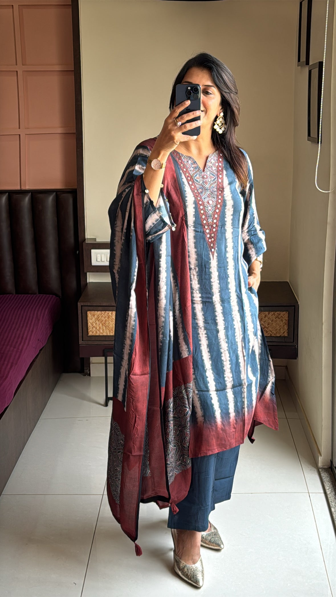 Blue & Maroon Pure Crepe Dupatta Set with Kalamkari Print & Embroidery | Designer Wear for Women
