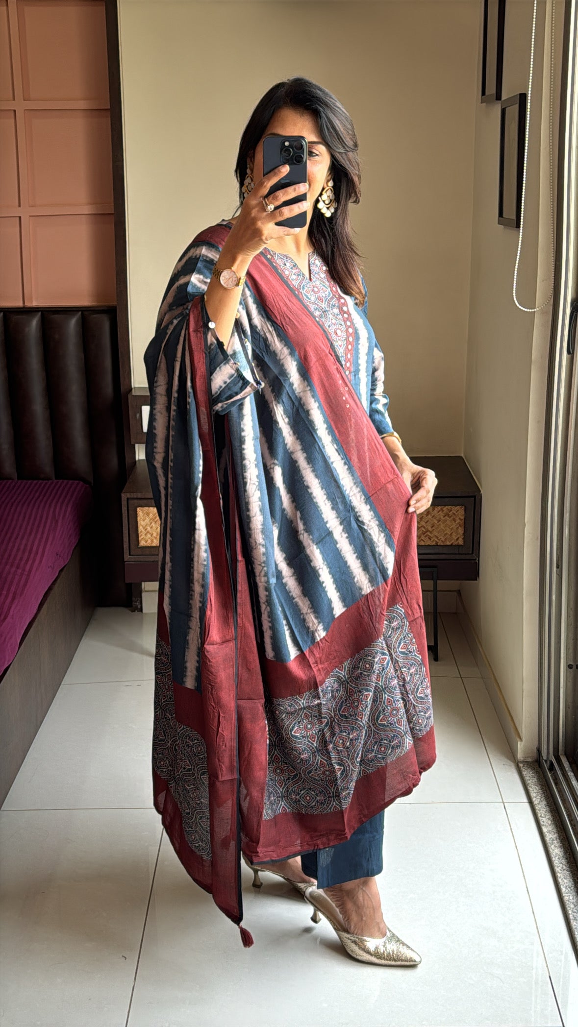 Blue & Maroon Pure Crepe Dupatta Set with Kalamkari Print & Embroidery | Designer Wear for Women