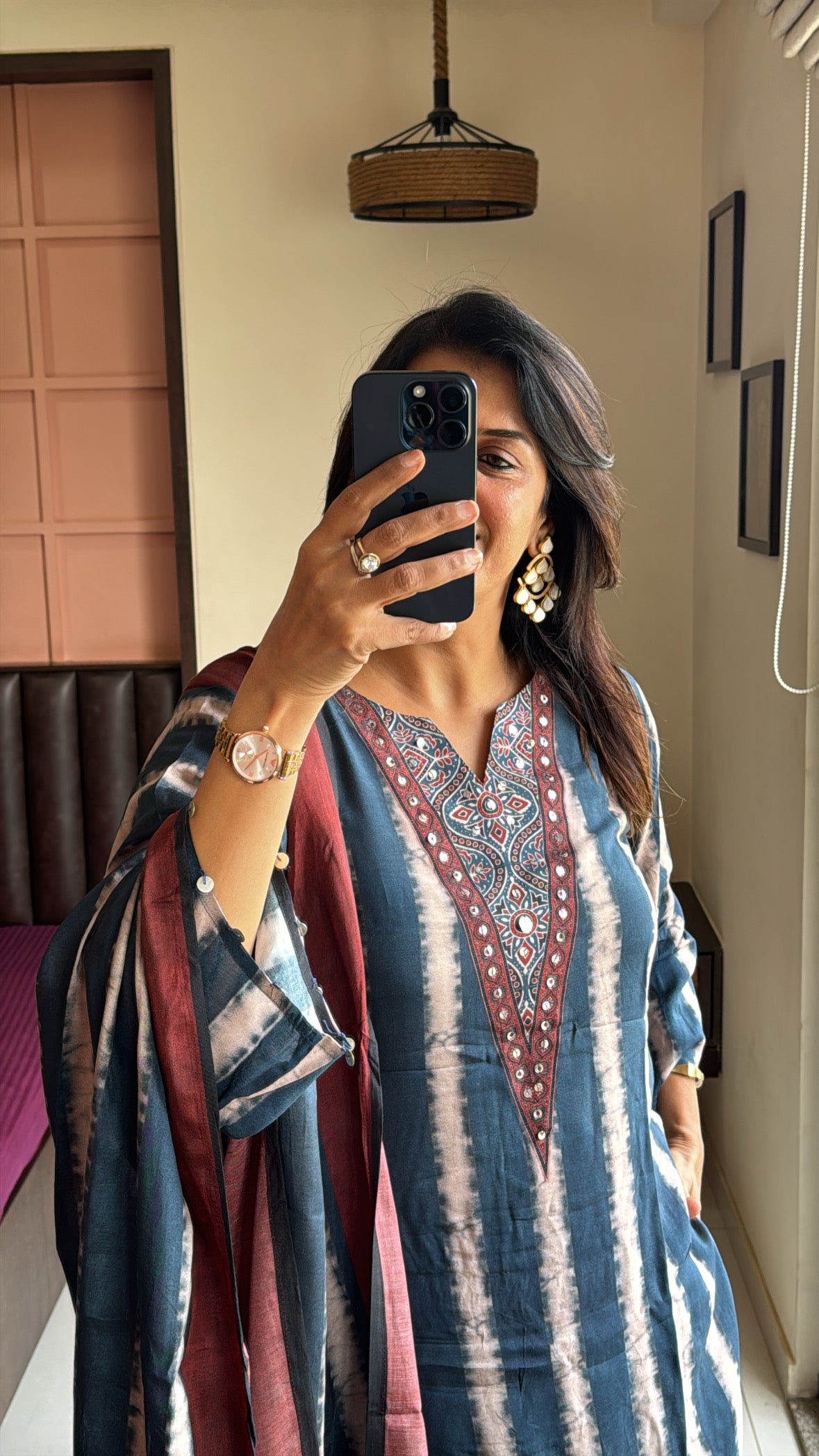 Blue & Maroon Pure Crepe Dupatta Set with Kalamkari Print & Embroidery | Designer Wear for Women