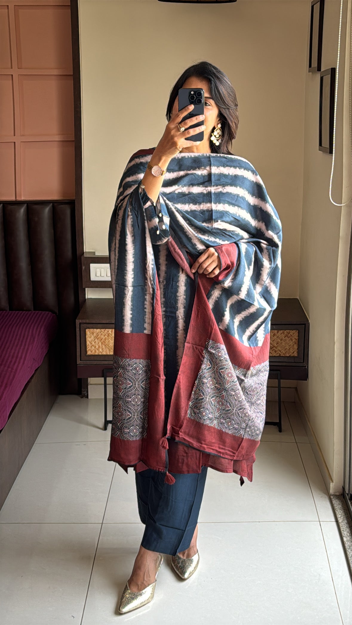 Blue & Maroon Pure Crepe Dupatta Set with Kalamkari Print & Embroidery | Designer Wear for Women