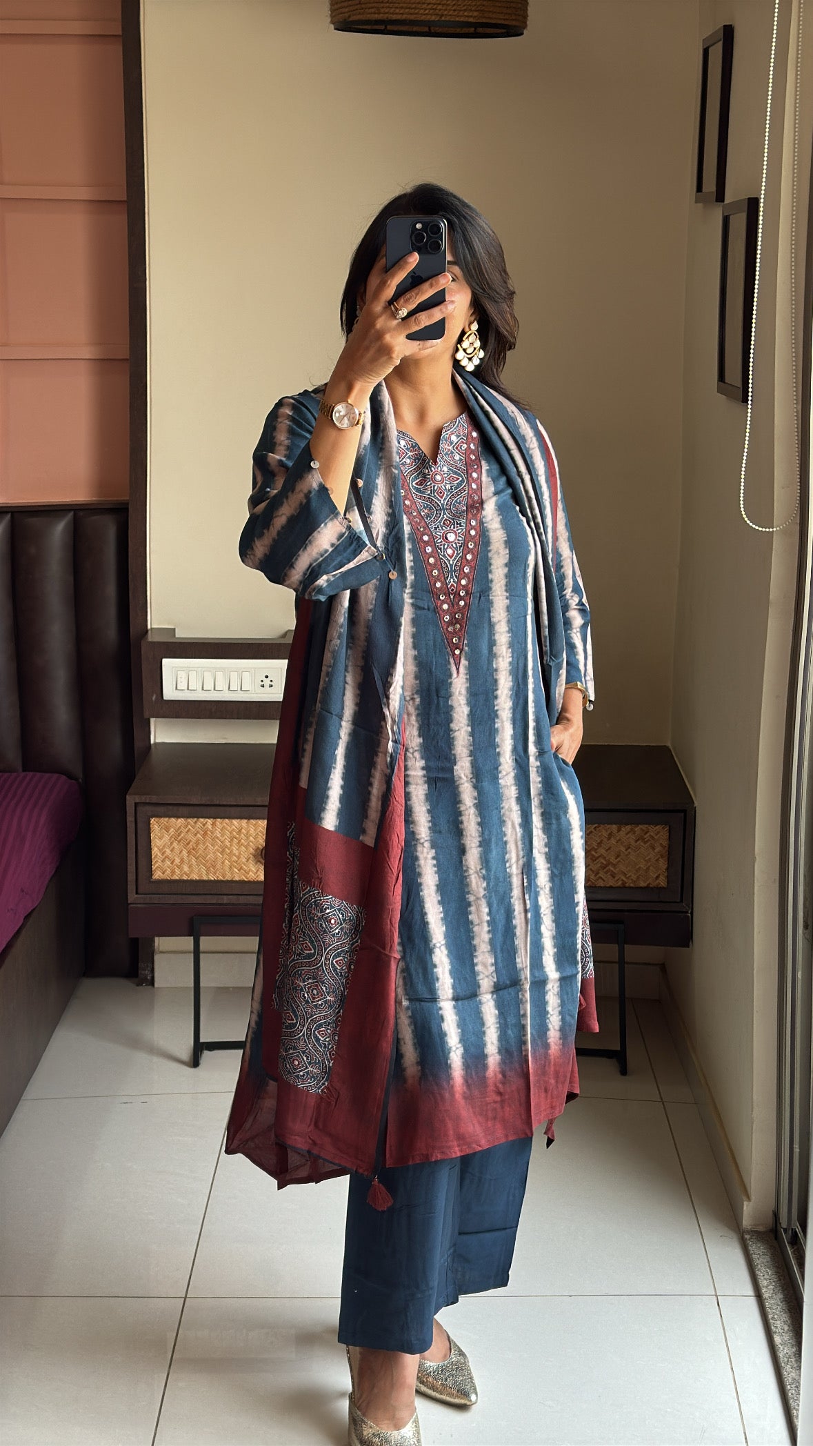 Blue & Maroon Pure Crepe Dupatta Set with Kalamkari Print & Embroidery | Designer Wear for Women