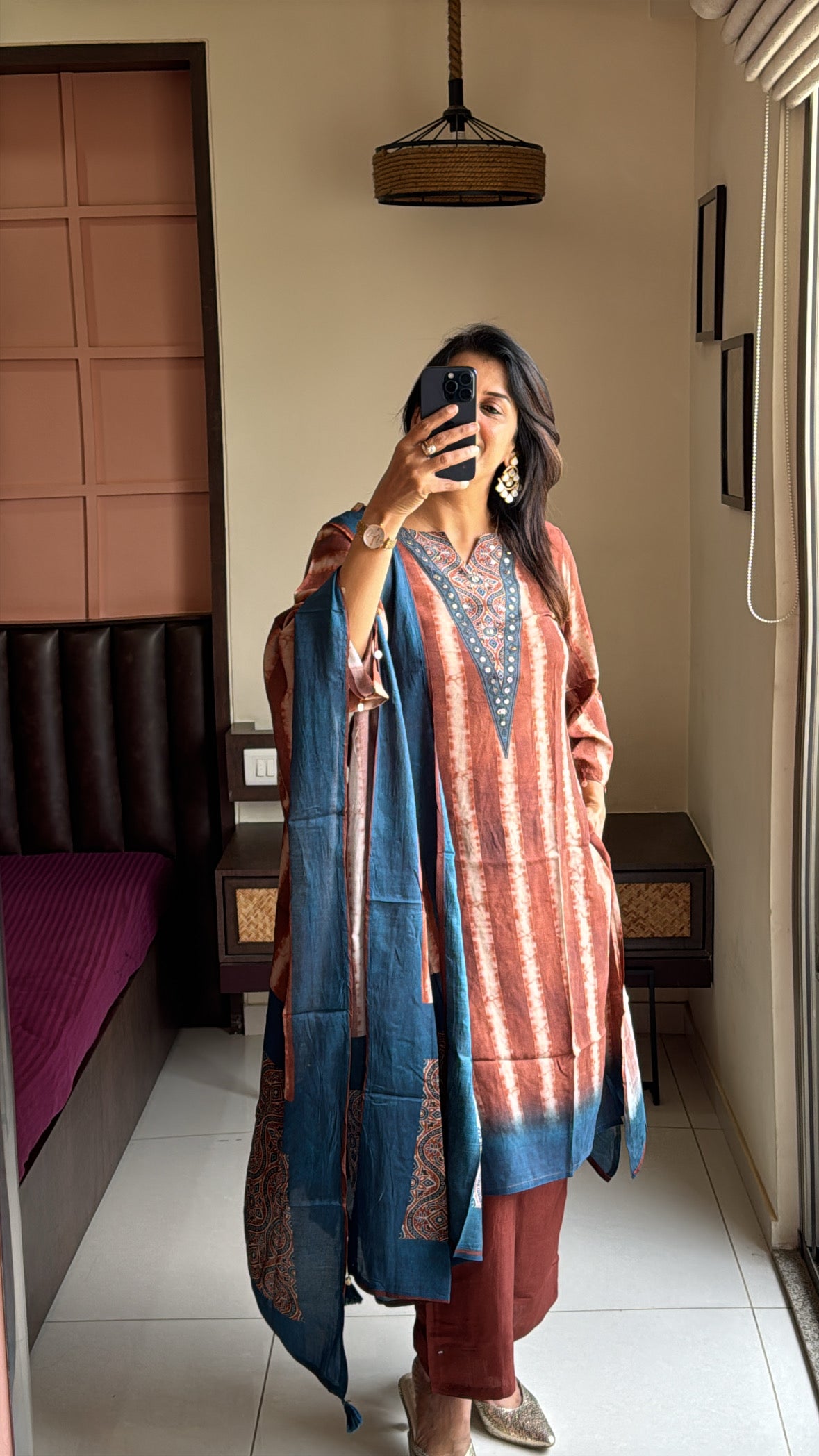 Brown & Blue Pure Crepe Dupatta Set with Kalamkari Print & Embroidery | Designer Wear for Women (Copy)