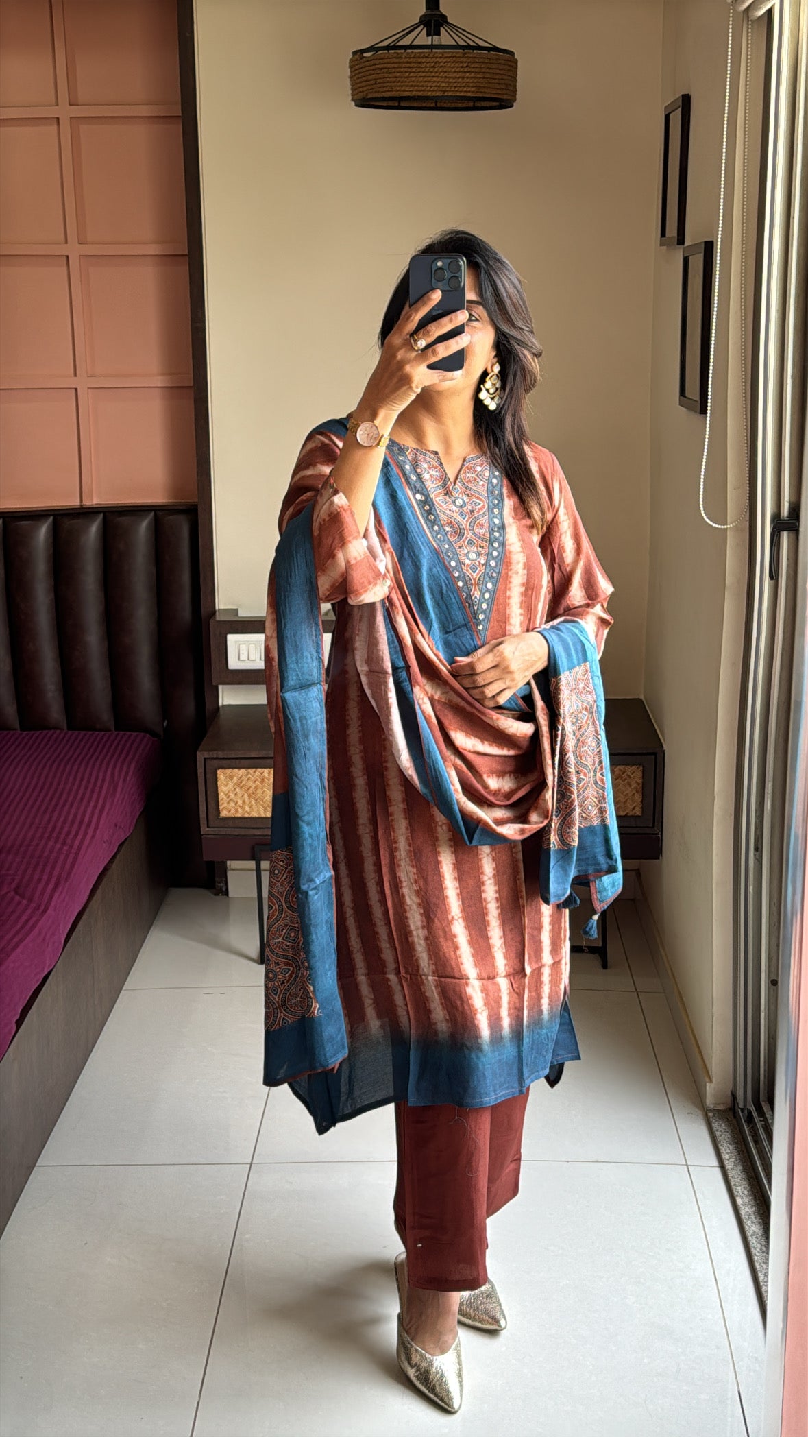 Brown & Blue Pure Crepe Dupatta Set with Kalamkari Print & Embroidery | Designer Wear for Women (Copy)